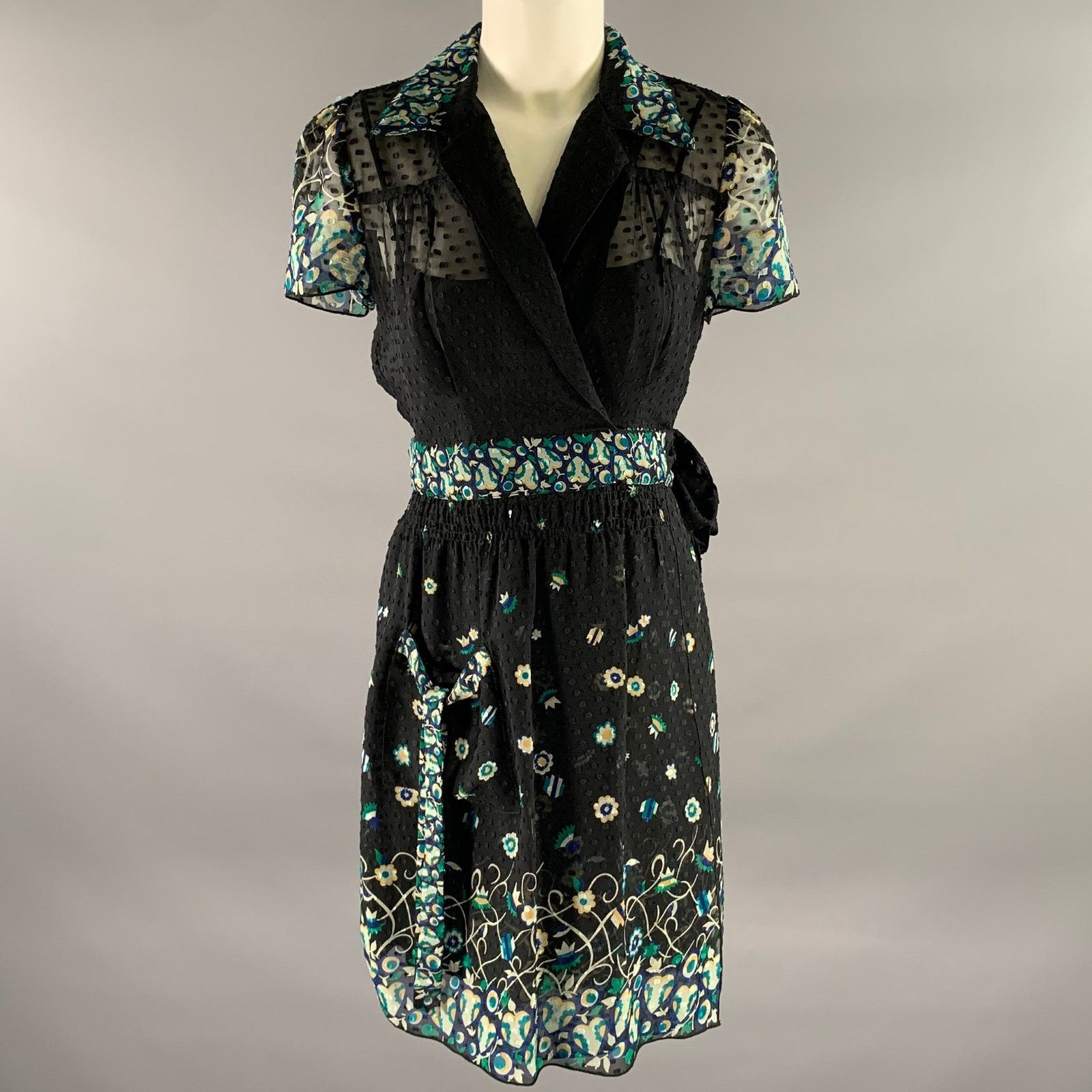 Anna Sui ANNA SUI Black Blue Silk Floral Midi Knee-Length Dress Size S / US 4 / IT 40 - 1 Thumbnail