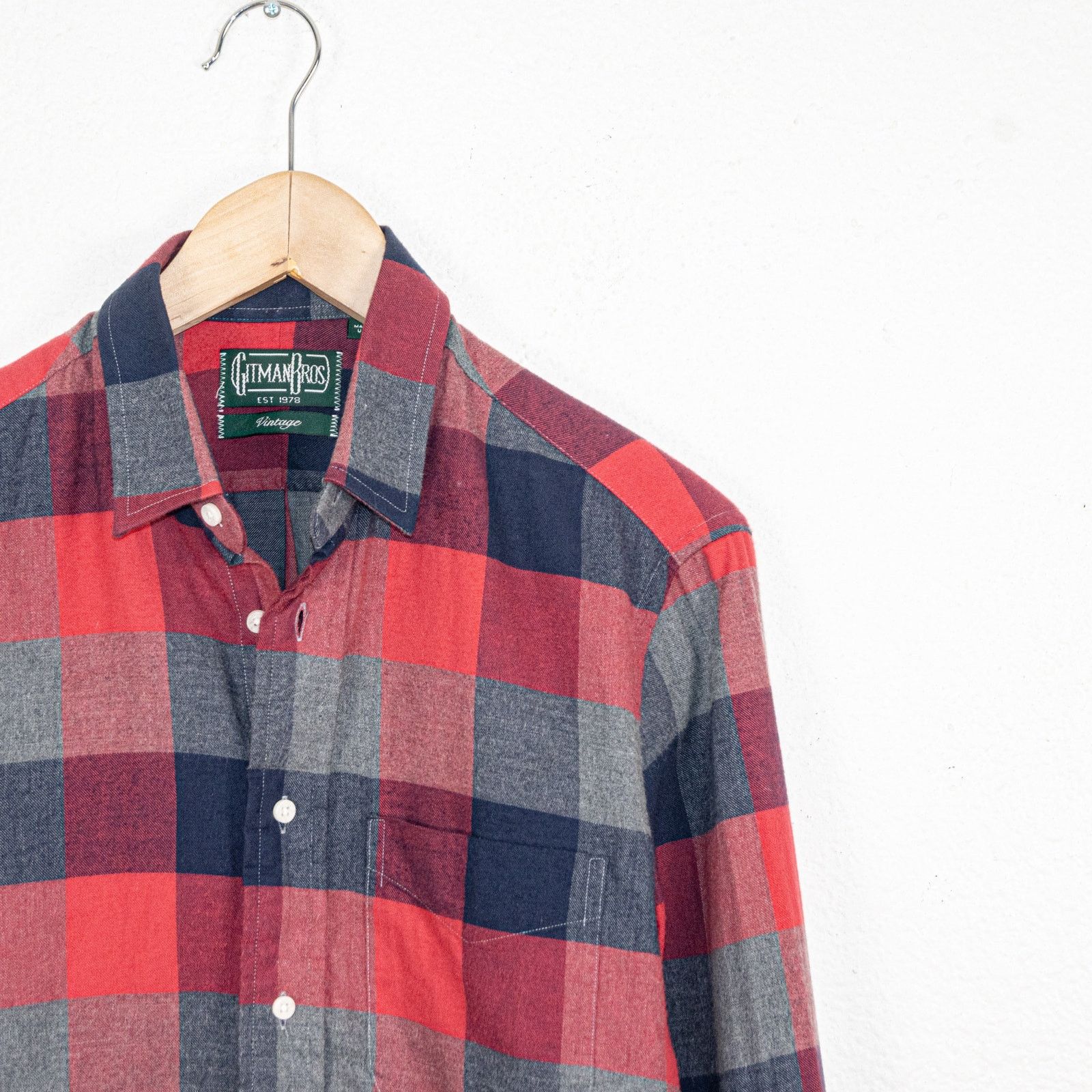 Gitman Bros Vintage Red Gray Check Flannel Shirt 100% Cotton