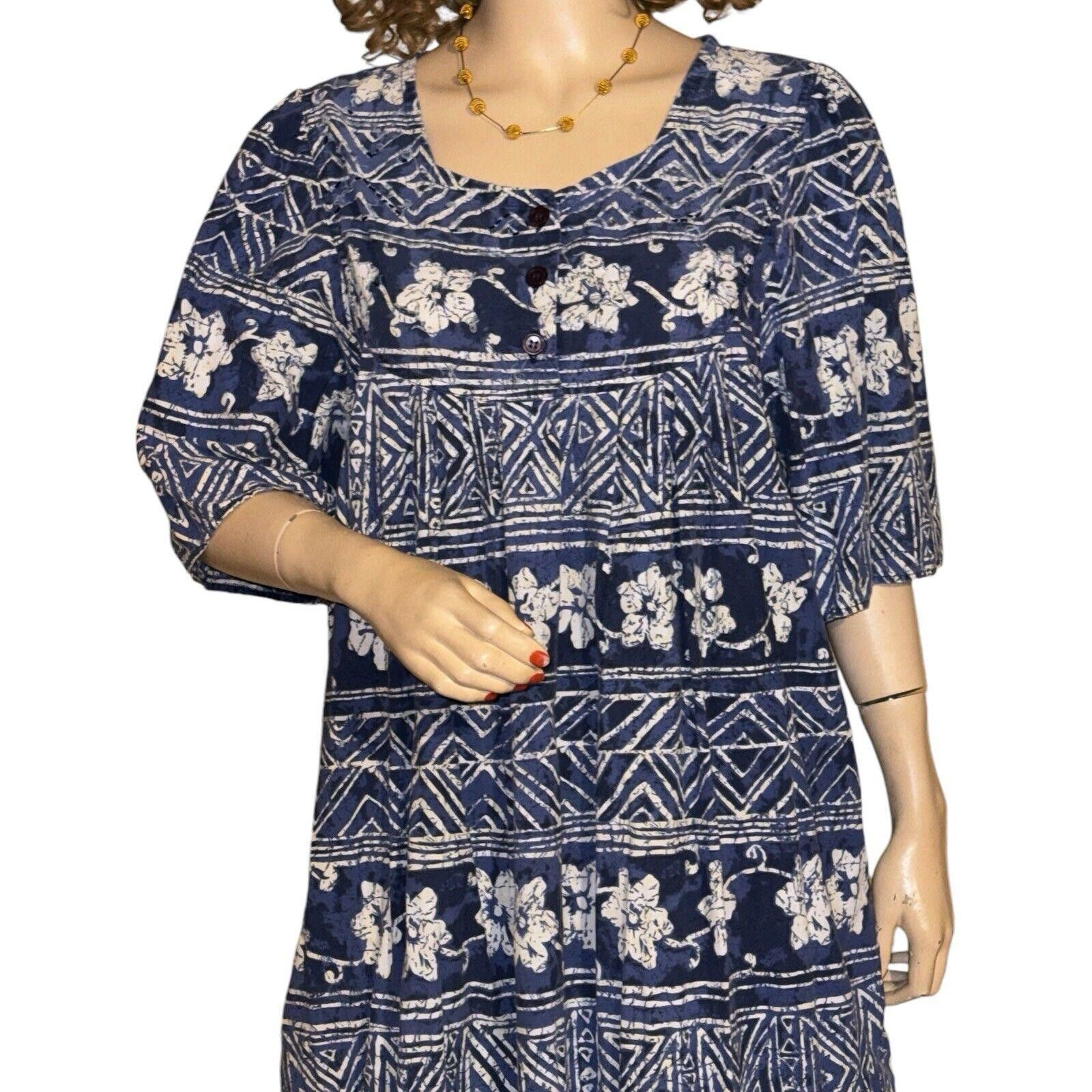 Designer Vintage Laurel Rose Blue Ikat Muumuu Patio House Dress 1X Size XL / US 12-14 / IT 48-50 - 3 Thumbnail