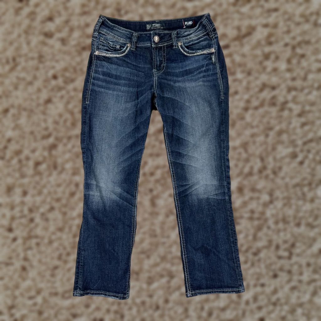 Silver Jeans Co. VINTAGE Silver Jeans Pants Womens 29 Denim Capri Blue Cotton Embroidered Logo 5-Pocket Inseam 24 Machine Washable Regular Stretch Size 29" - 1 Thumbnail