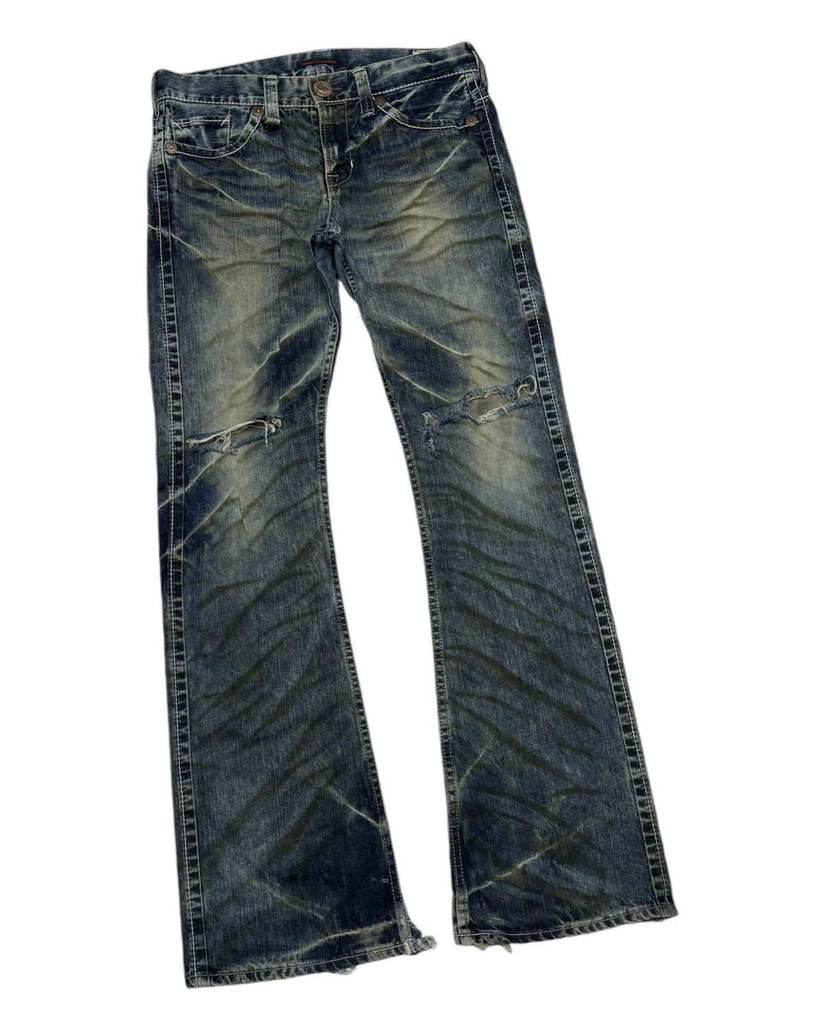 Hysteric Glamour 🔥HYSTERIC GLAMOUR STYLE BLUE WAY WHISKER FLARED JEANS RIP Size US 32 / EU 48 - 5 Thumbnail