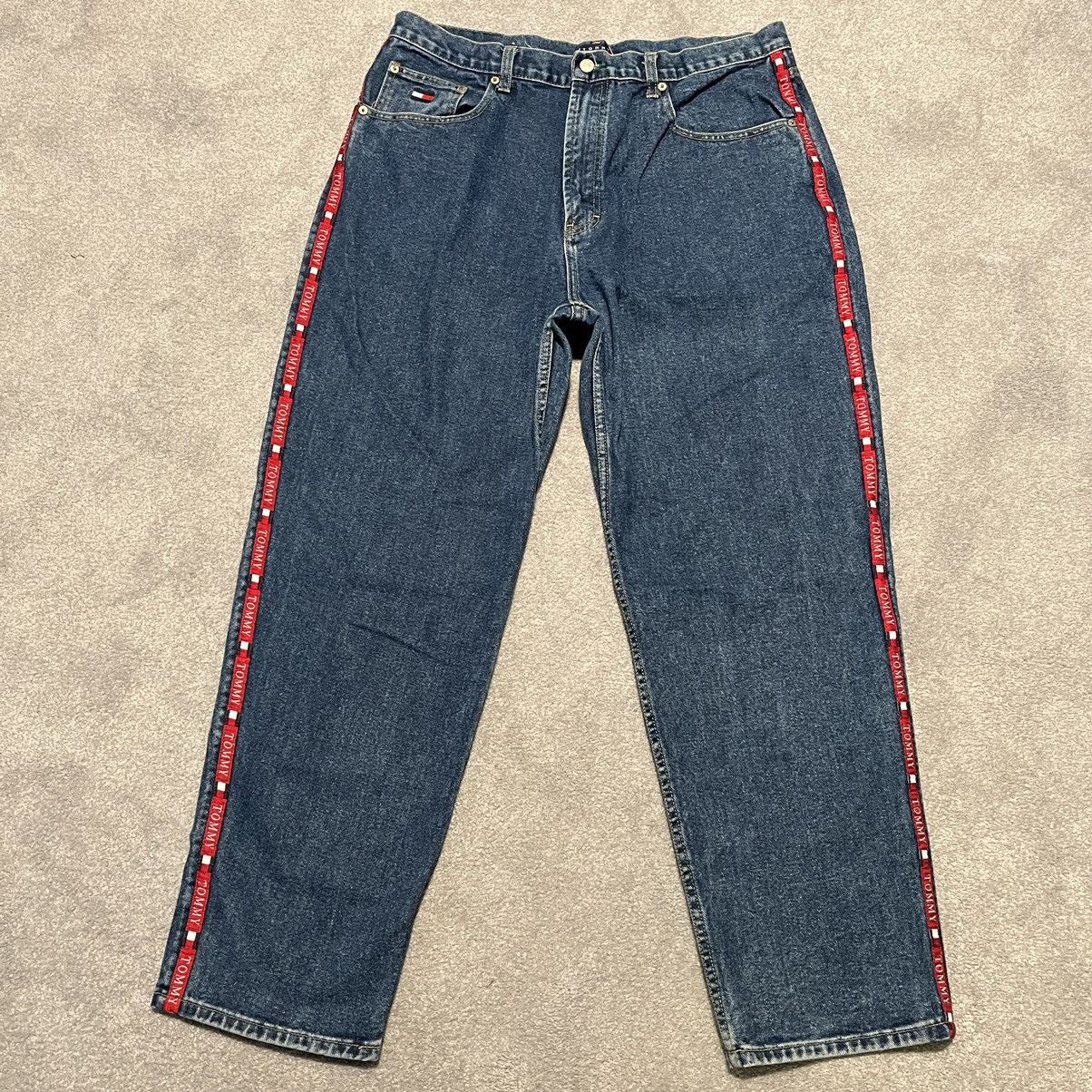 Vintage 90s Tommy Hilfiger Banner Pattern Denim Jeans 38x32