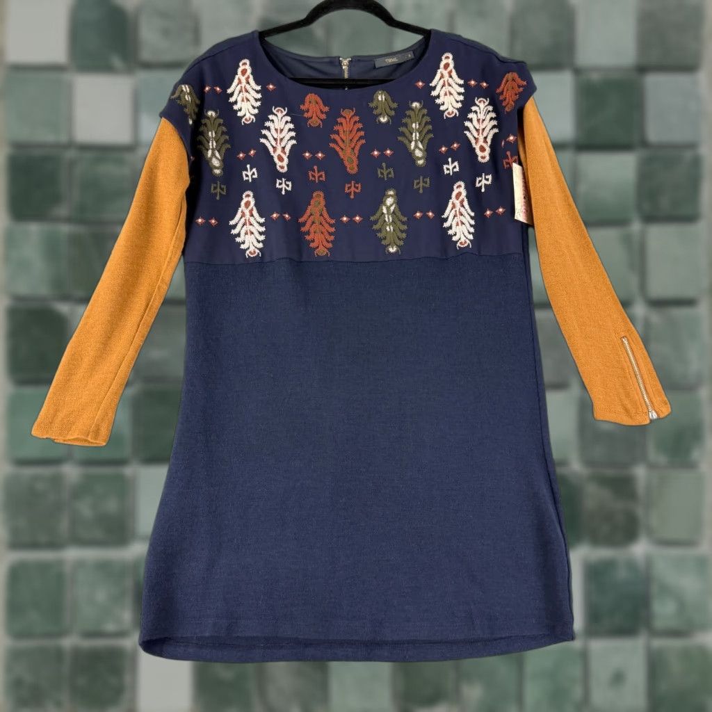 Vintage THML Dress Womens Small Blue Embroidered Long Sleeve Knit Back Zip Casual Short Size S / US 4 / IT 40 - 1 Thumbnail