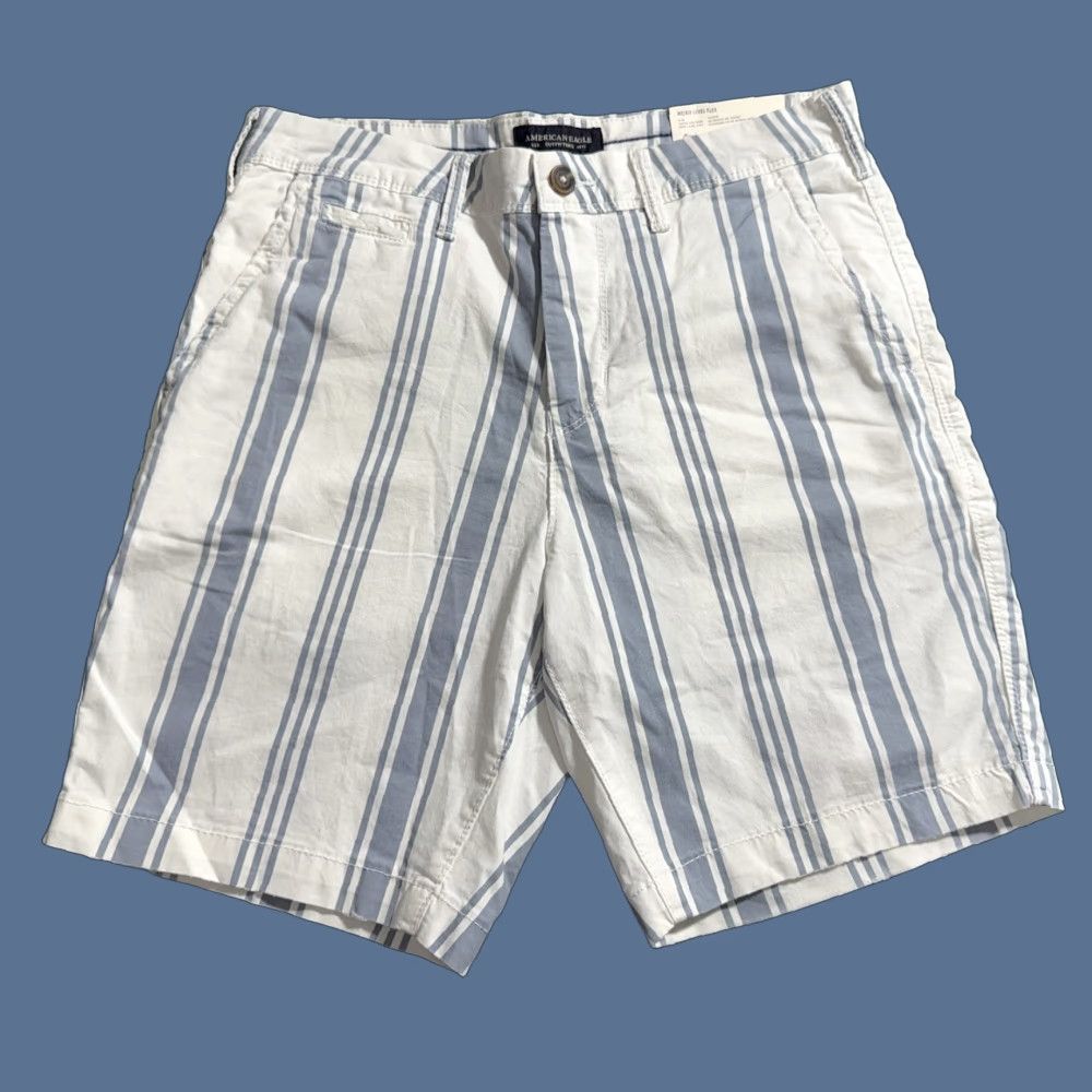 American Eagle Outfitters American Eagle Mens Flex Shorts Slim Above the Knee Blue Stripe NWT Size 30 White / Blue Chino Cotton Blend Pockets Regular Mens Size US 30 / EU 46 - 1 Thumbnail