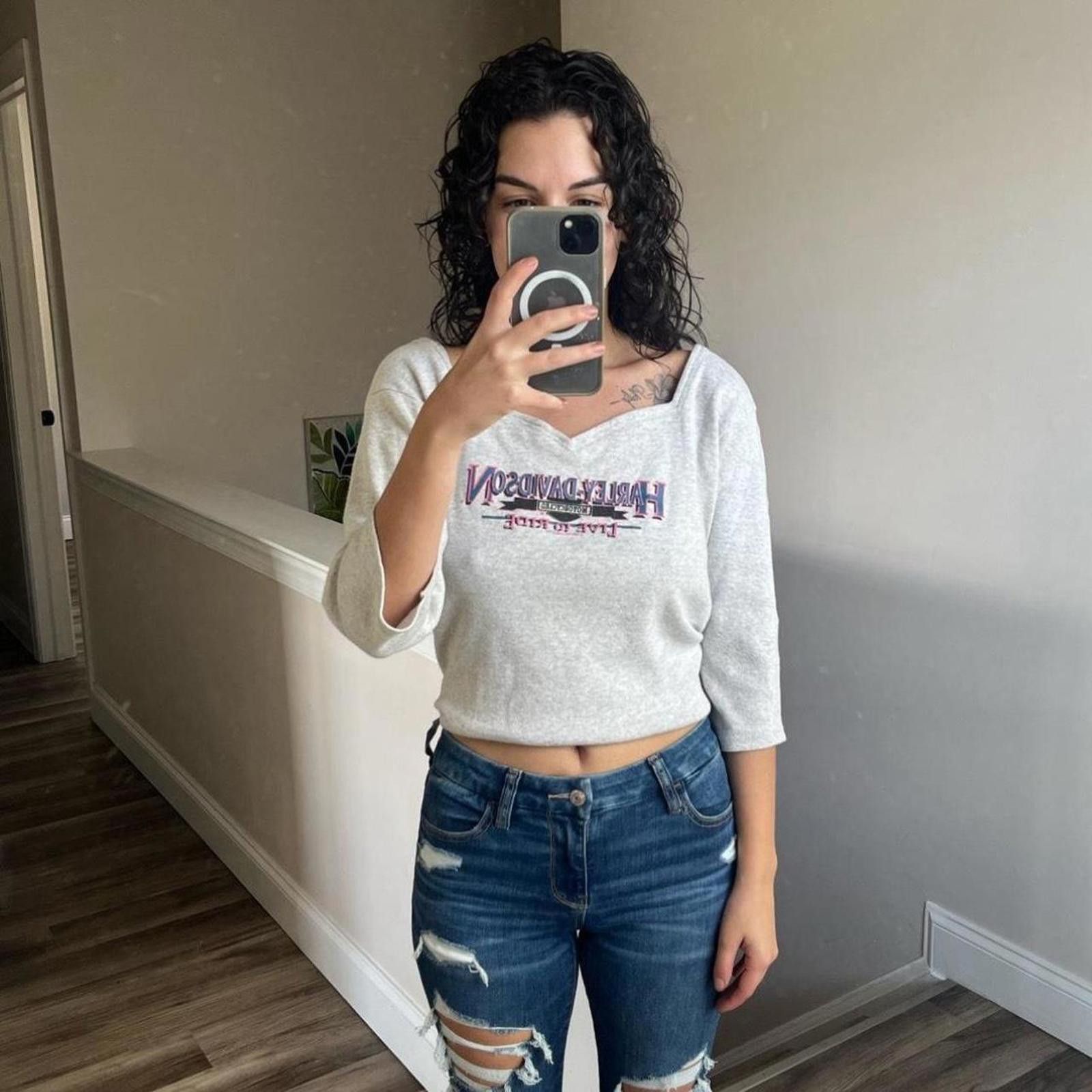Harley Davidson Vintage 1994 Grey Large Harley Davidson off the shoulder Size L / US 10 / IT 46 - 8 Thumbnail