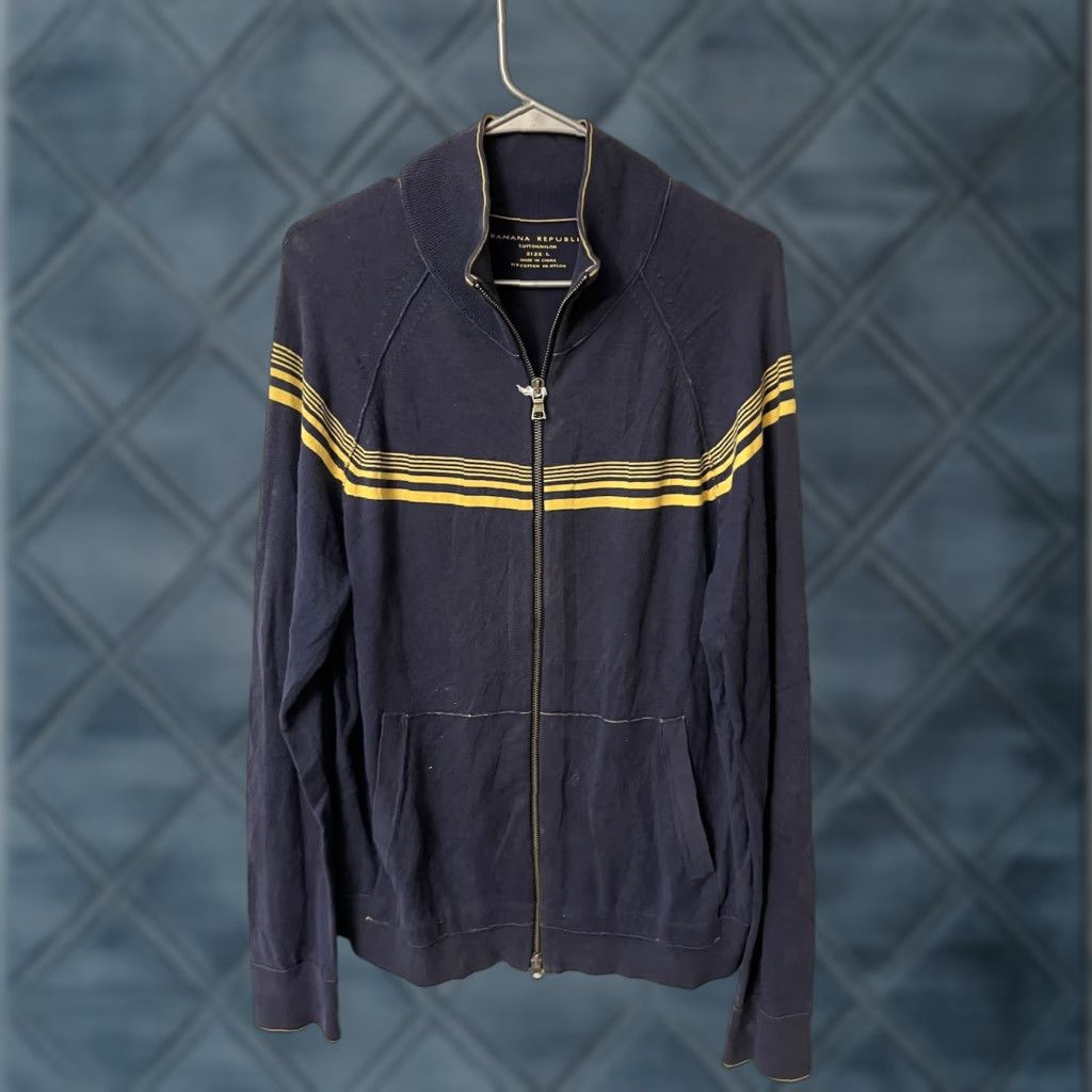 Banana Republic Banana Republic Sweater Mens Large Blue W/Yellow Stripe Full Zip Knit Cotton Size US L / EU 52-54 / 3 - 1 Thumbnail