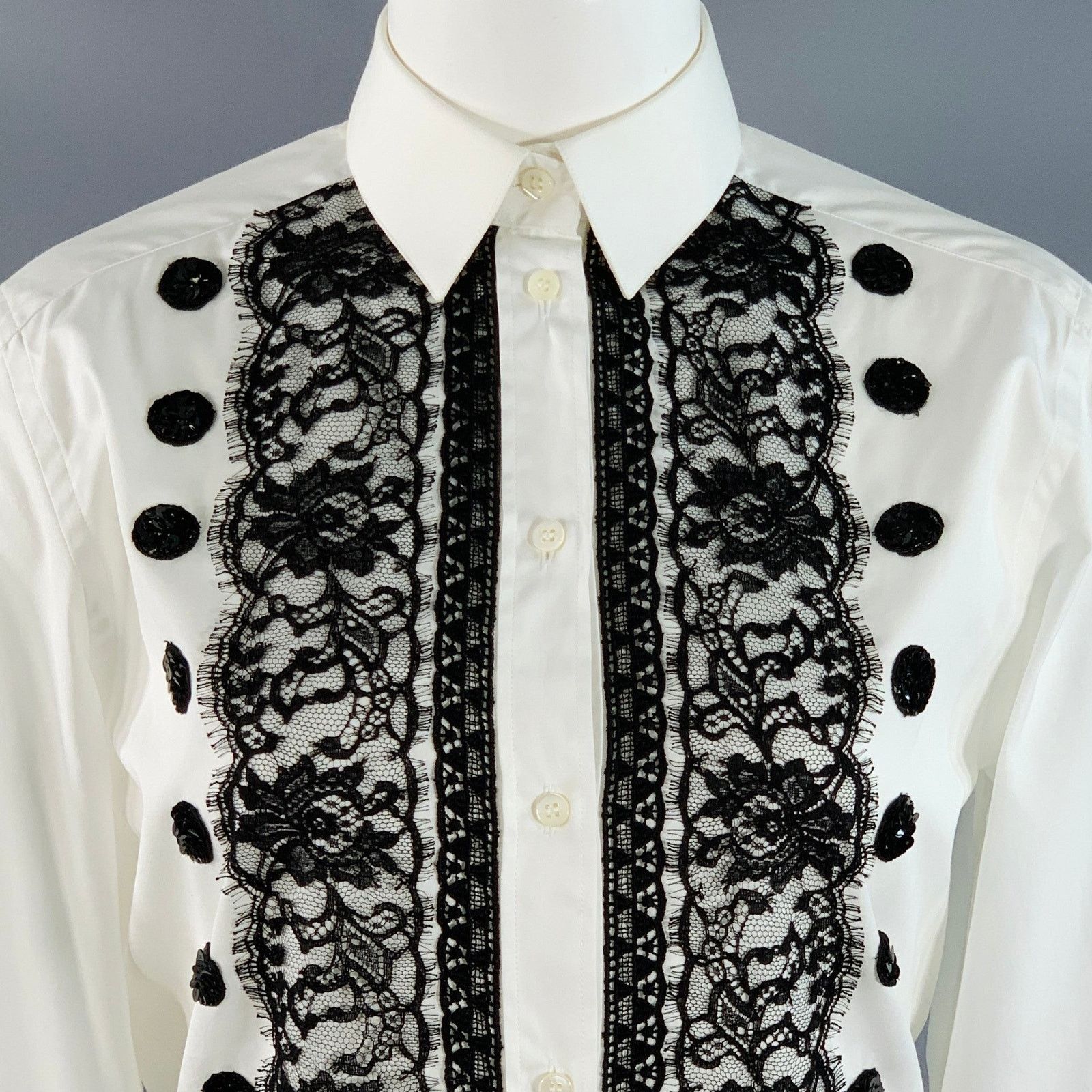 Dolce & Gabbana XS White Black Cotton Blend Lace Trim Sequins Button Up Size XS / US 0-2 / IT 36-38 - 2 Thumbnail