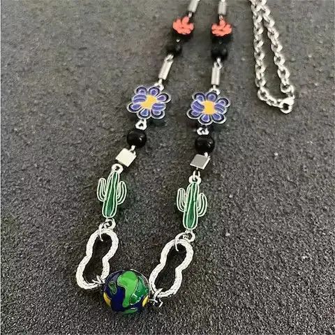 Charm Necklace Cactus Chain Jewelry World Art Classic Flame in Silver, Men's