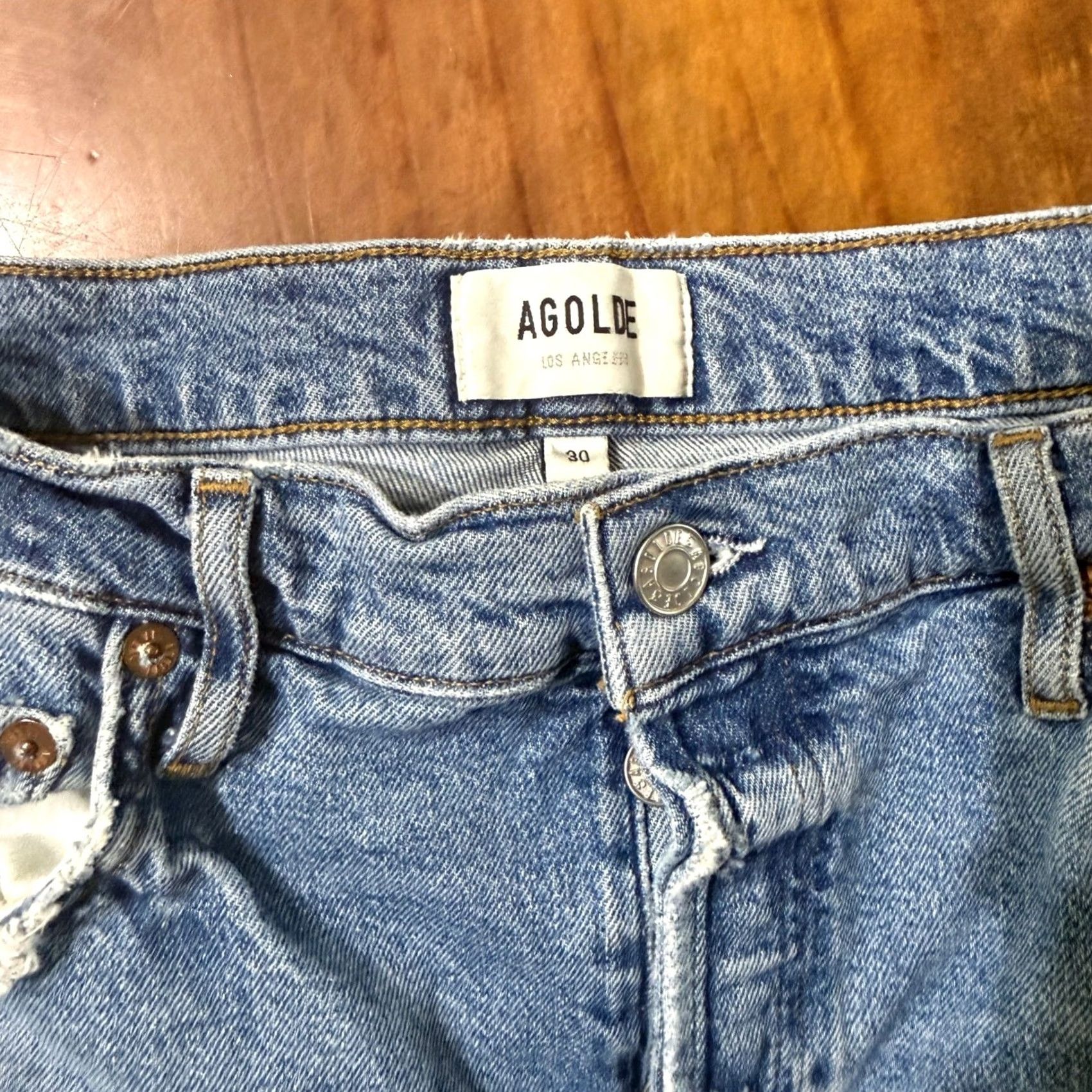 Agolde AGOLDE Jeans Riley Long 30 Denim Organic Cotton Button Fly Distressed 90s Womens Jeans 30 Blue ZZ23 Size 30" / US 8 / IT 44 - 4 Thumbnail