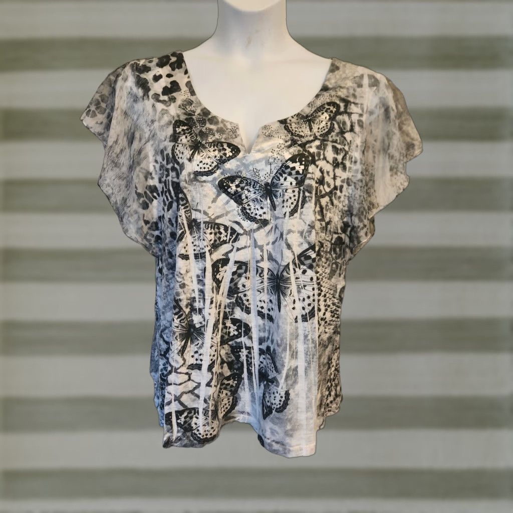 Vintage Apt 9 Woman Gray Studded Leopard Butterfly Flutter Sleeve Top 1X Size XL / US 12-14 / IT 48-50 - 1 Thumbnail