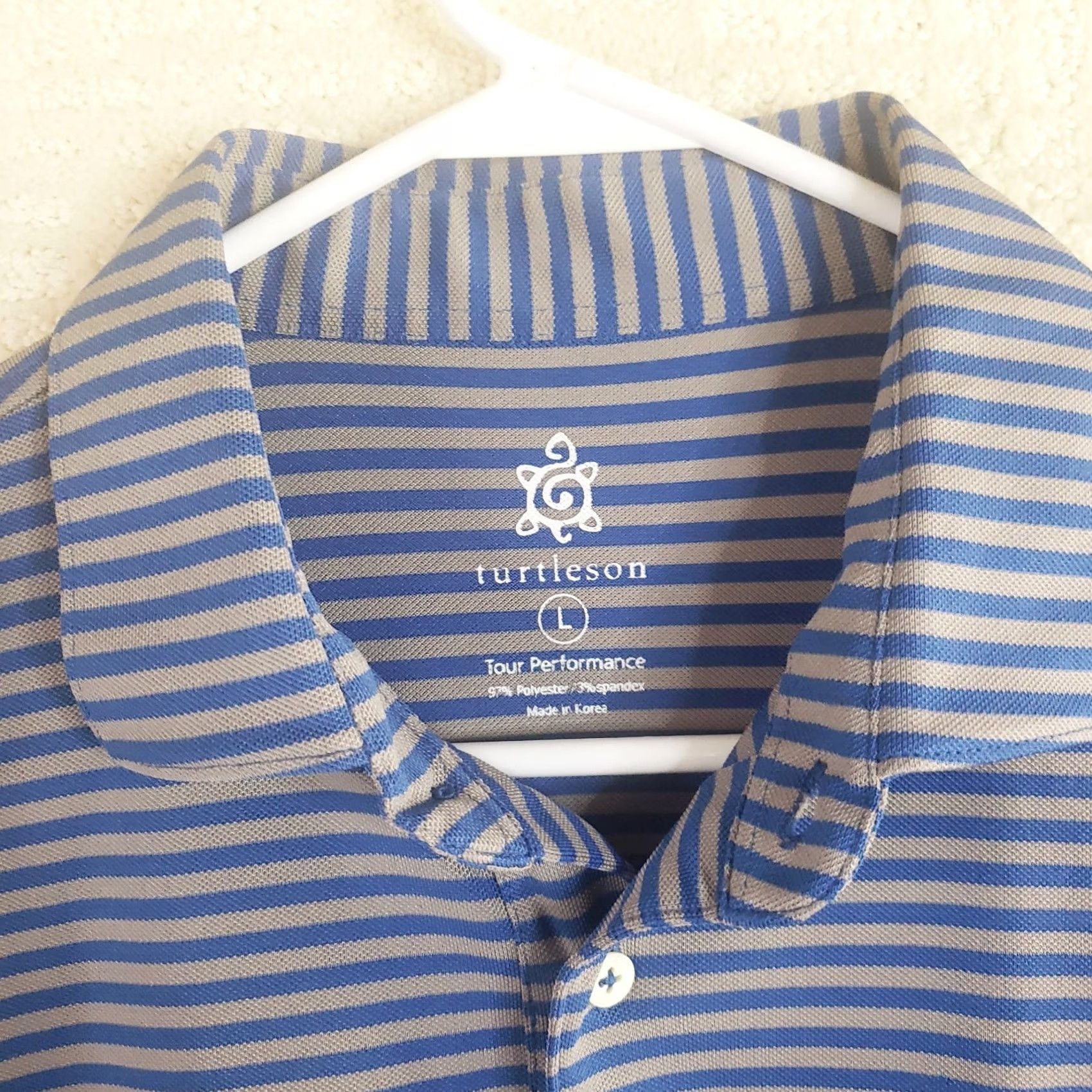 Vintage Turtleson Golf Polo Men’s L Blue Gray Striped Short Sleeve Stretch Pique Fabric Polo Shirt Size US L / EU 52-54 / 3 - 5 Thumbnail