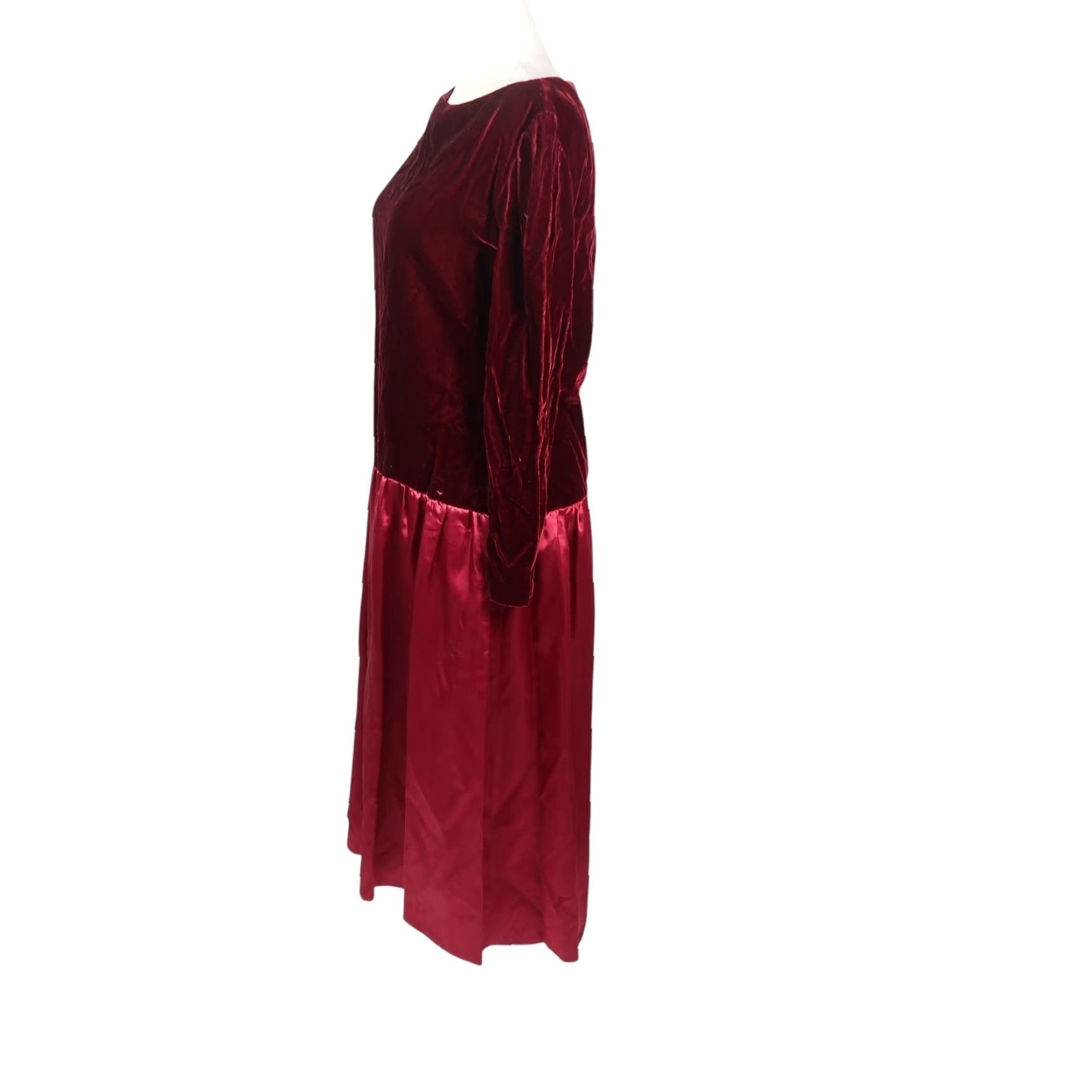 Velvet VINTAGE 80s Burgundy Red Velvet Drop Waist Formal Midi Dress M Women Long Sleeve Velvet Satin Zip Back A-Line Size M / US 6-8 / IT 42-44 - 3 Thumbnail
