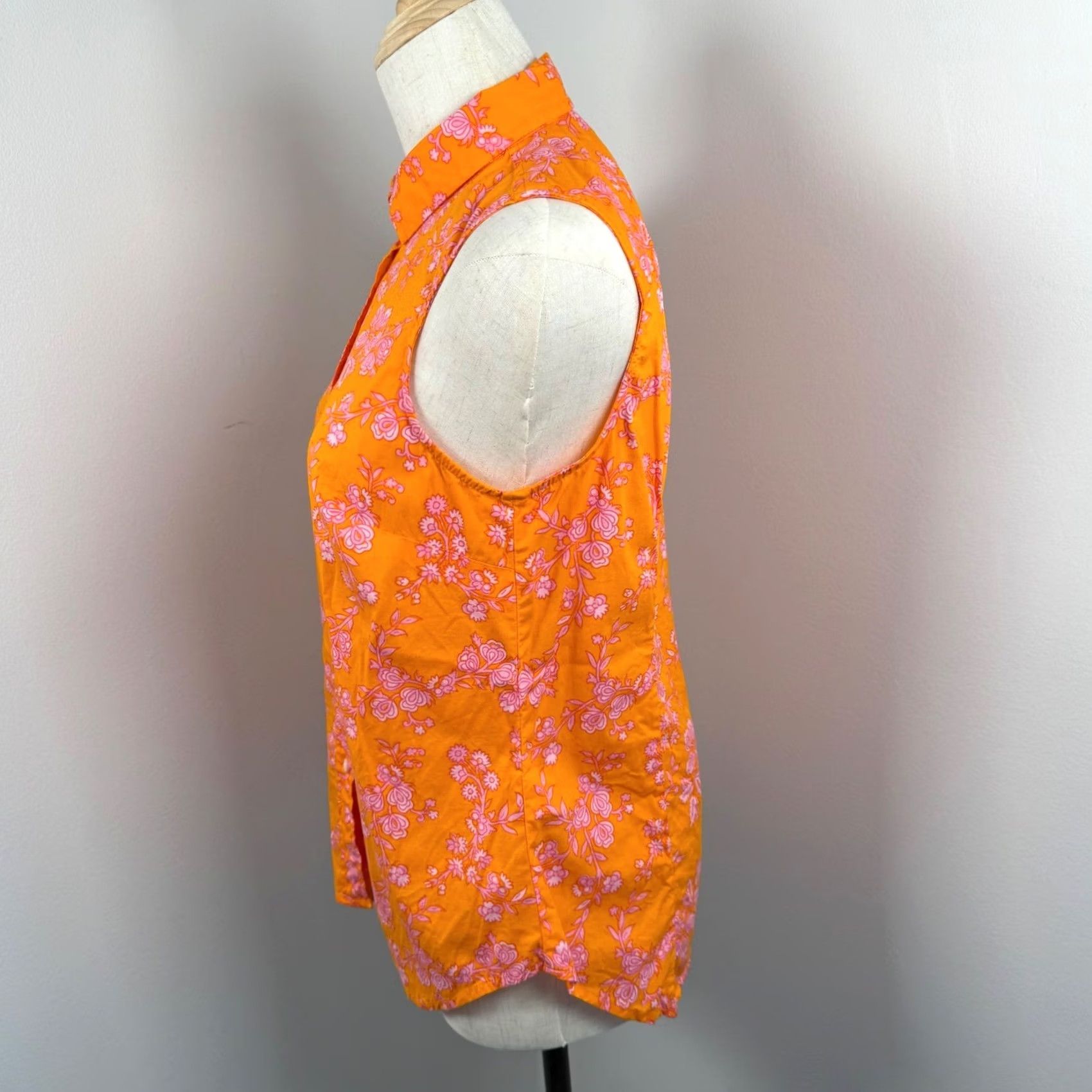 J.Crew VINTAGE? No. (Answer requires non-VINTAGE) J.CREW Floral Sleeveless Button-Down Top Orange Pink Re-Imagined Cotton Blend EUC Womens S Small? (Oops) Size S / US 4 / IT 40 - 2 Thumbnail
