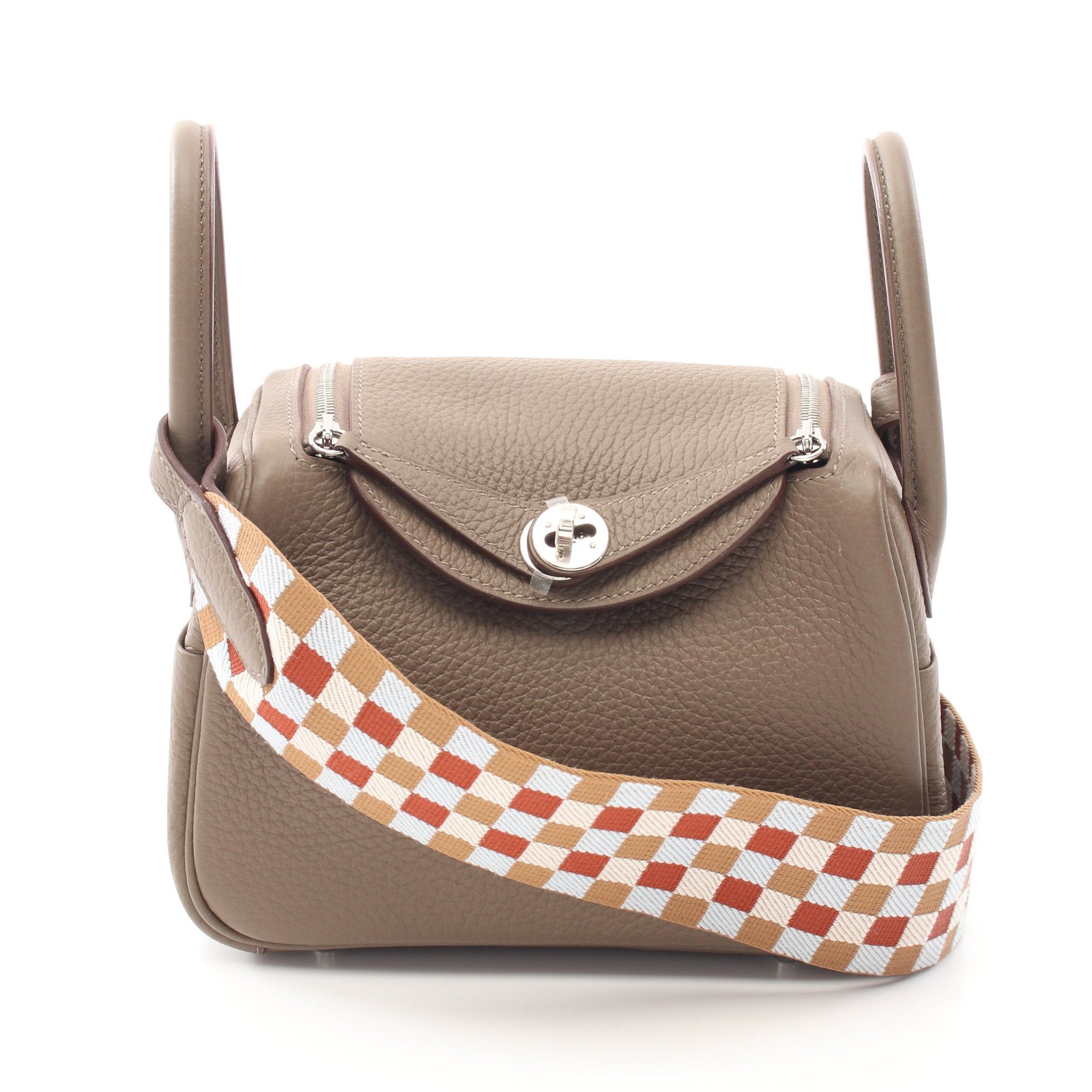 Hermes Hermes Lindy Mini Maxi Cadre Etoupe Shoulder Bag Clemence Leather Gray Brown Silver Hardware Double Engraved Size ONE SIZE - 1 Thumbnail