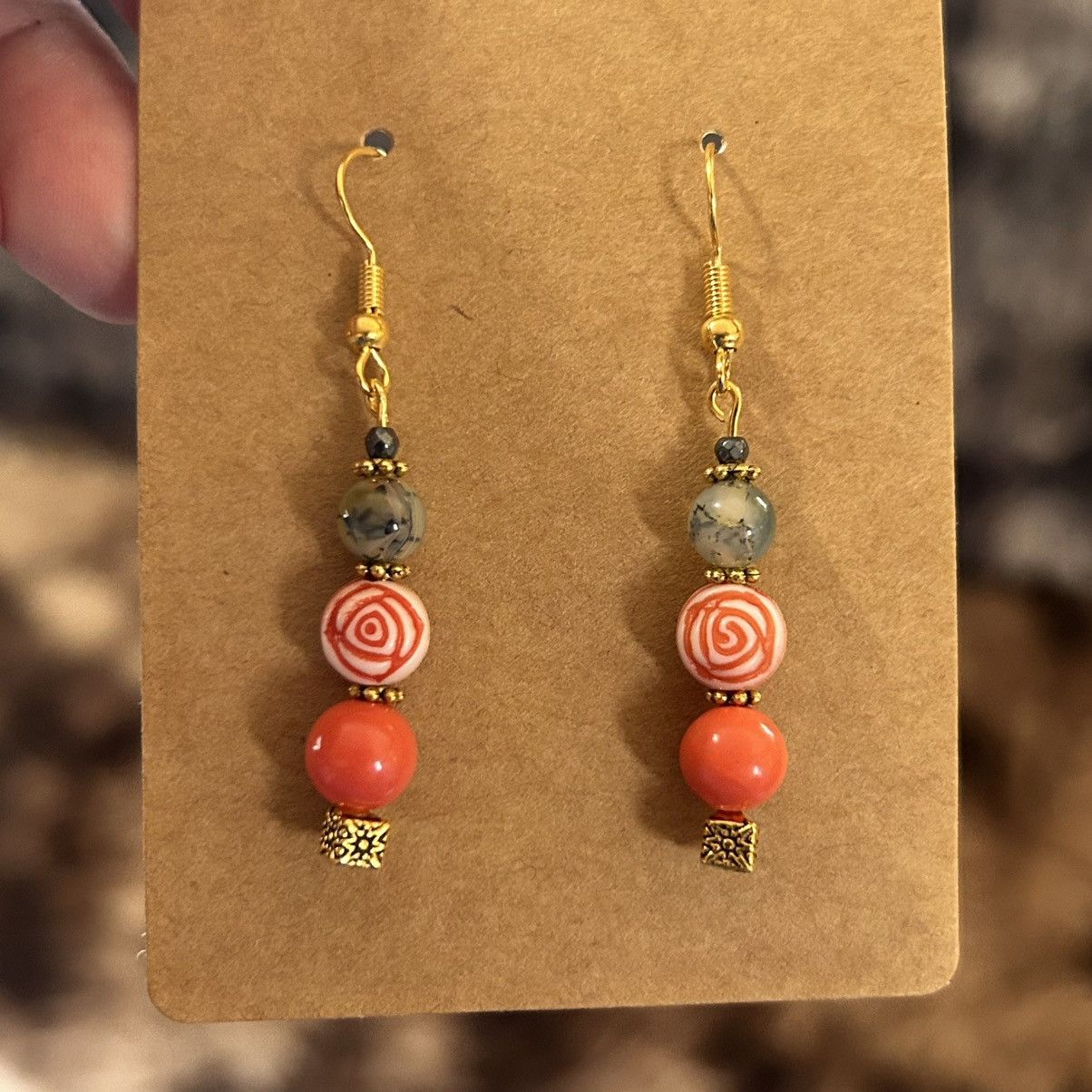 Handmade Handcrafted vintage bead dragon vein agate earrings Size ONE SIZE - 2 Thumbnail
