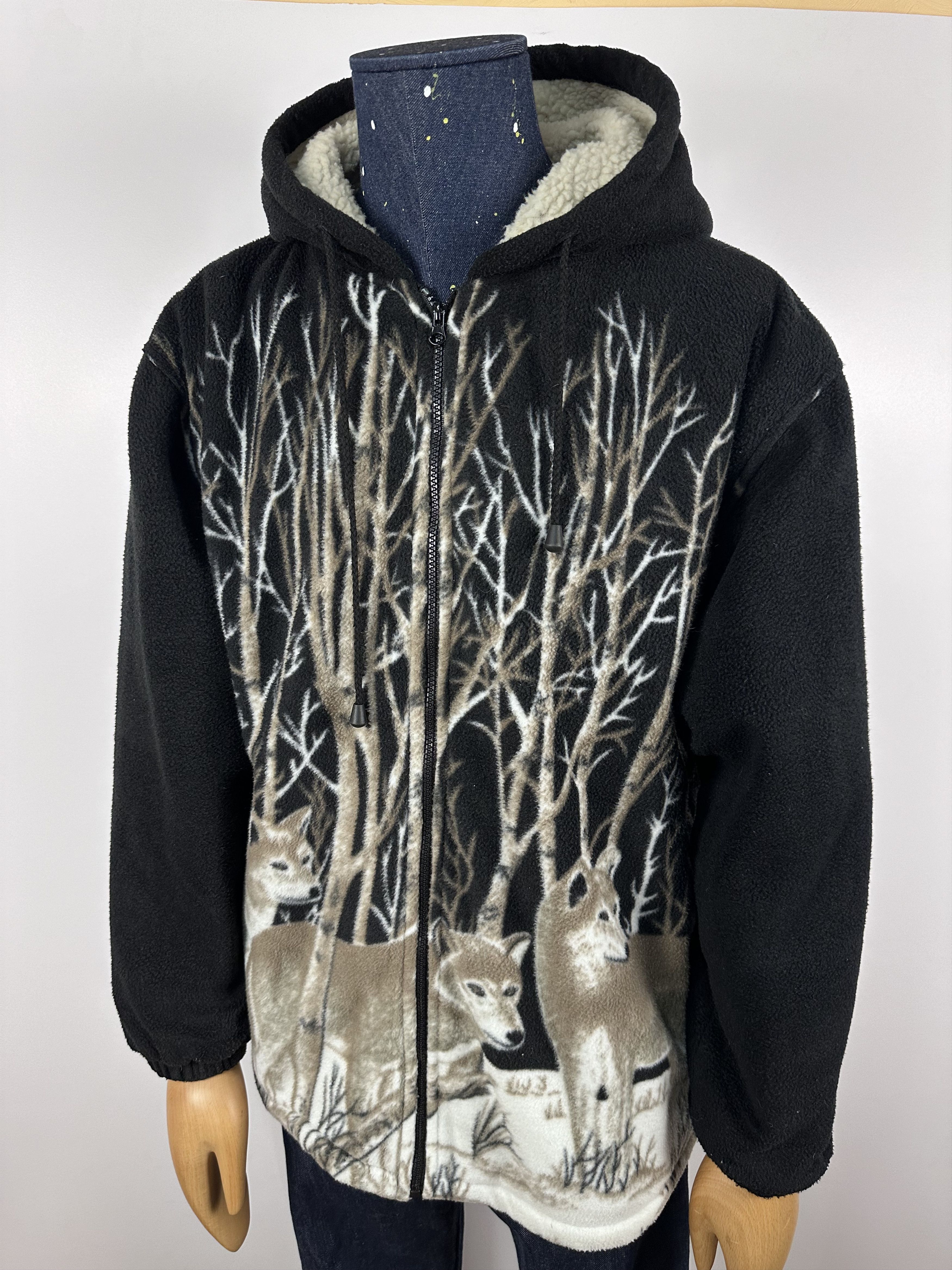 Vintage Wolf Sherpa Fleece Hoodie Jacket Overprint Nature