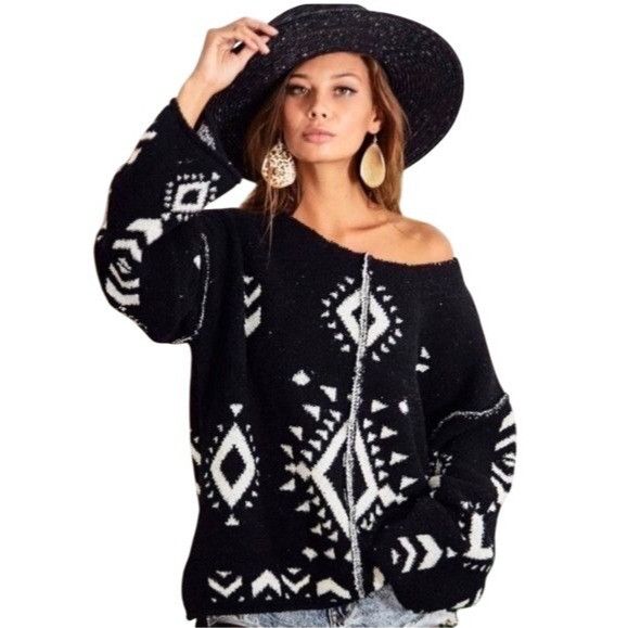 Other NWT Black White Slouchy Aztec Sweater | Boho Coastal Cowgirl Size S / US 4 / IT 40 - 16 Thumbnail