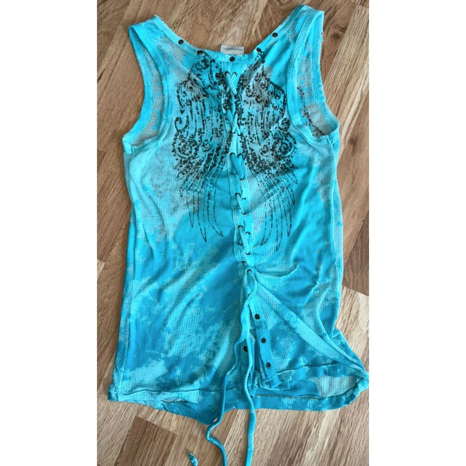 Harley Davidson VINTAGE Harley Davidson Rhinestones Laced Tank Blouse Bling Size M Wings GUC Size S / US 4 / IT 40 - 3 Thumbnail