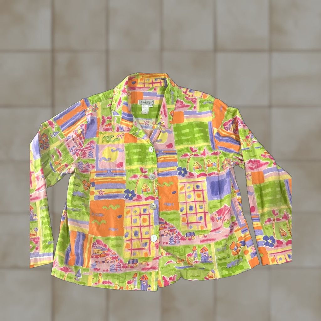 Coldwater Creek Coldwater Creek Jacket Womens XL Multicolor Button Front Lightweight Beaded Casual Spring Summer Fall Knit Stretch Regular Geometric Cotton Rayon Size XL / US 12-14 / IT 48-50 - 1 Thumbnail