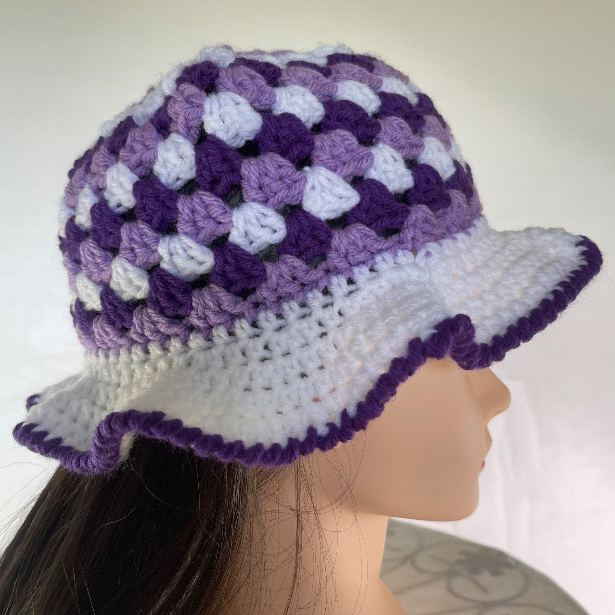 Handmade Crochet Bucket Hat Granny Square Pattern Purple and White Ad Size ONE SIZE - 2 Thumbnail
