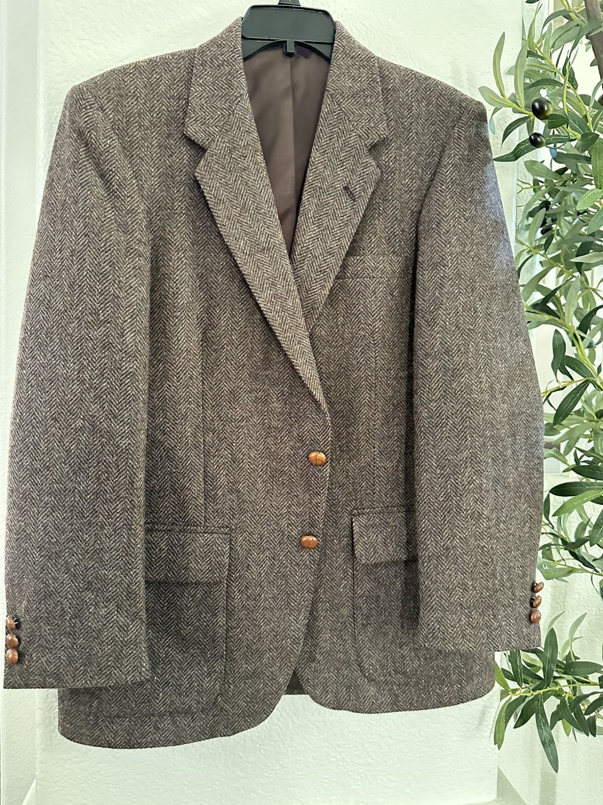 Other Vintage 100% Wool Herringbone Tweed Blazer w Leather Buttons Size 40R - 1 Thumbnail