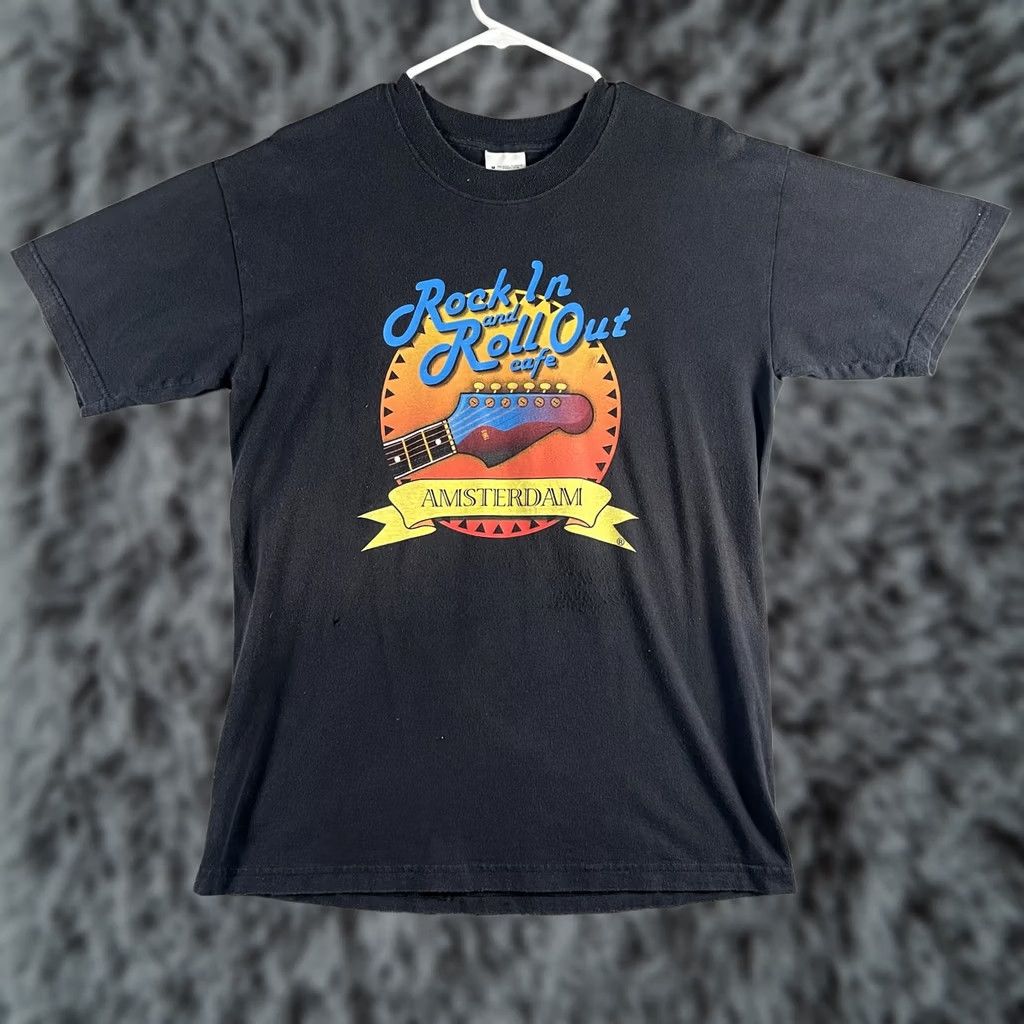 Fruit Of The Loom VINTAGE Rock In And Roll Out Cafe Shirt Mens Medium Black Amsterdam Guitar 90s Tee Size US M / EU 48-50 / 2 - 1 Thumbnail
