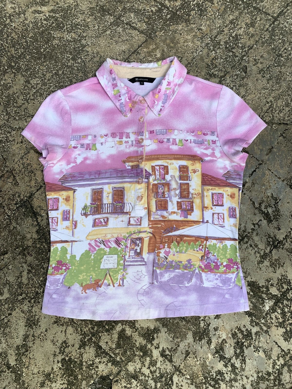 y2k Chantelaine Korea City Art Graphic Painting Polo Top