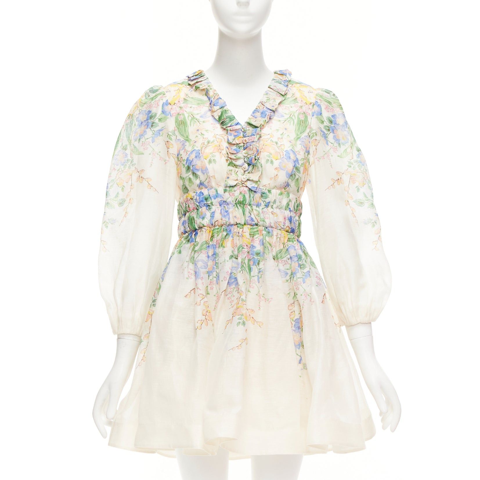 Zimmermann ZIMMERMANN Garden Floral blush pink silk linen blue floral billow sleeve dress AU1 M Size S / US 4 / IT 40 - 1 Thumbnail