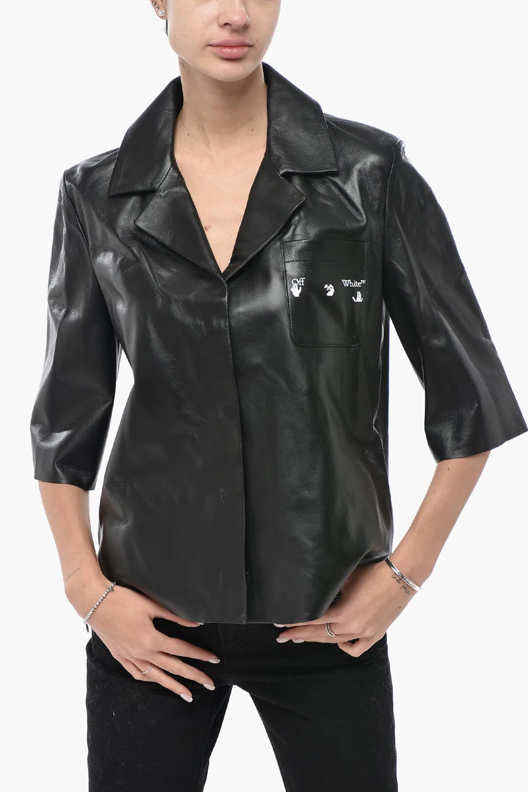 Off-White og1mm0426 Leather Bowling Shirt in Black Size S / US 4 / IT 40 - 1 Thumbnail