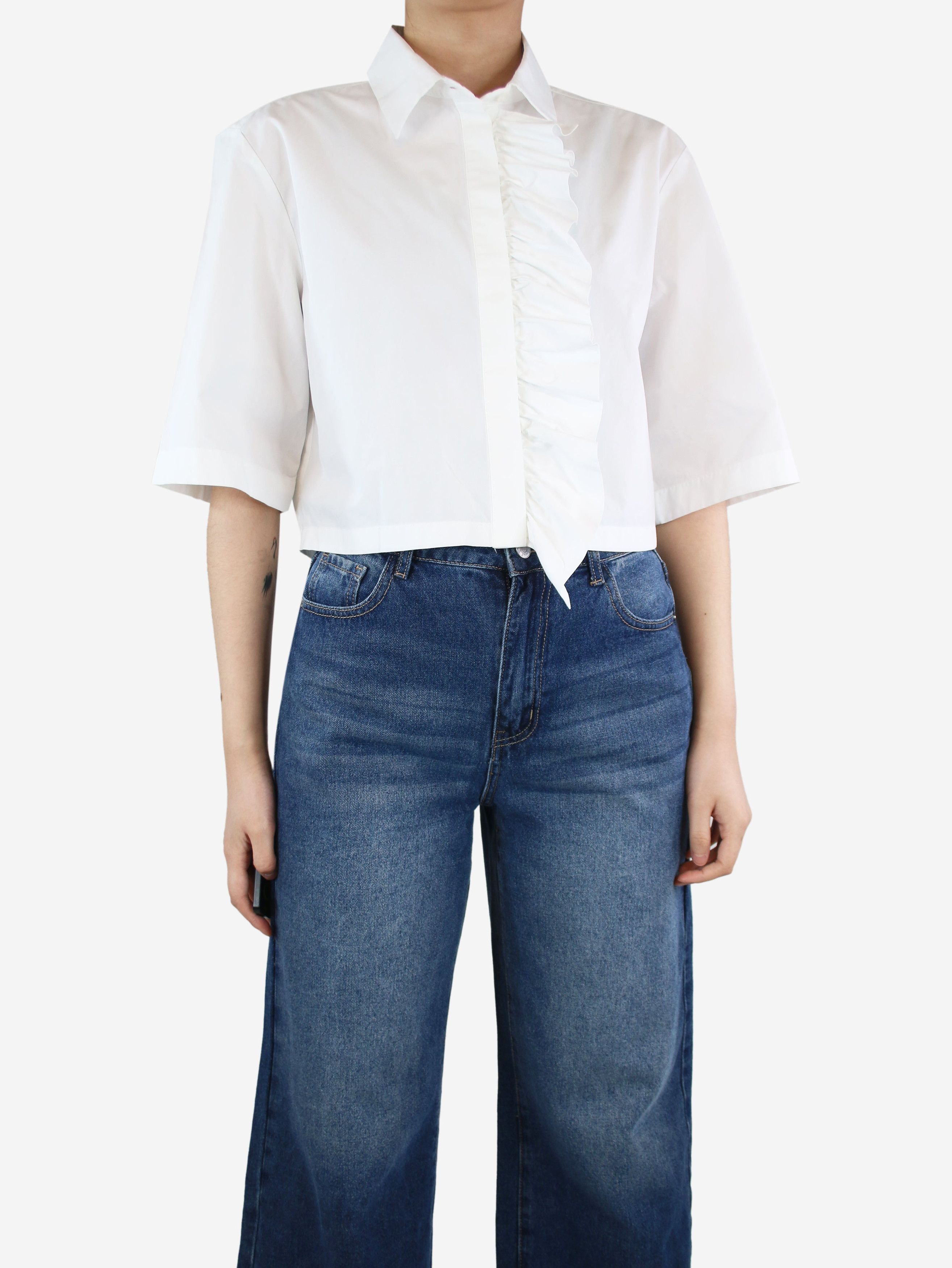 Image of Msgm White Cropped Ruffled Shirt - Size Uk 8, Women's