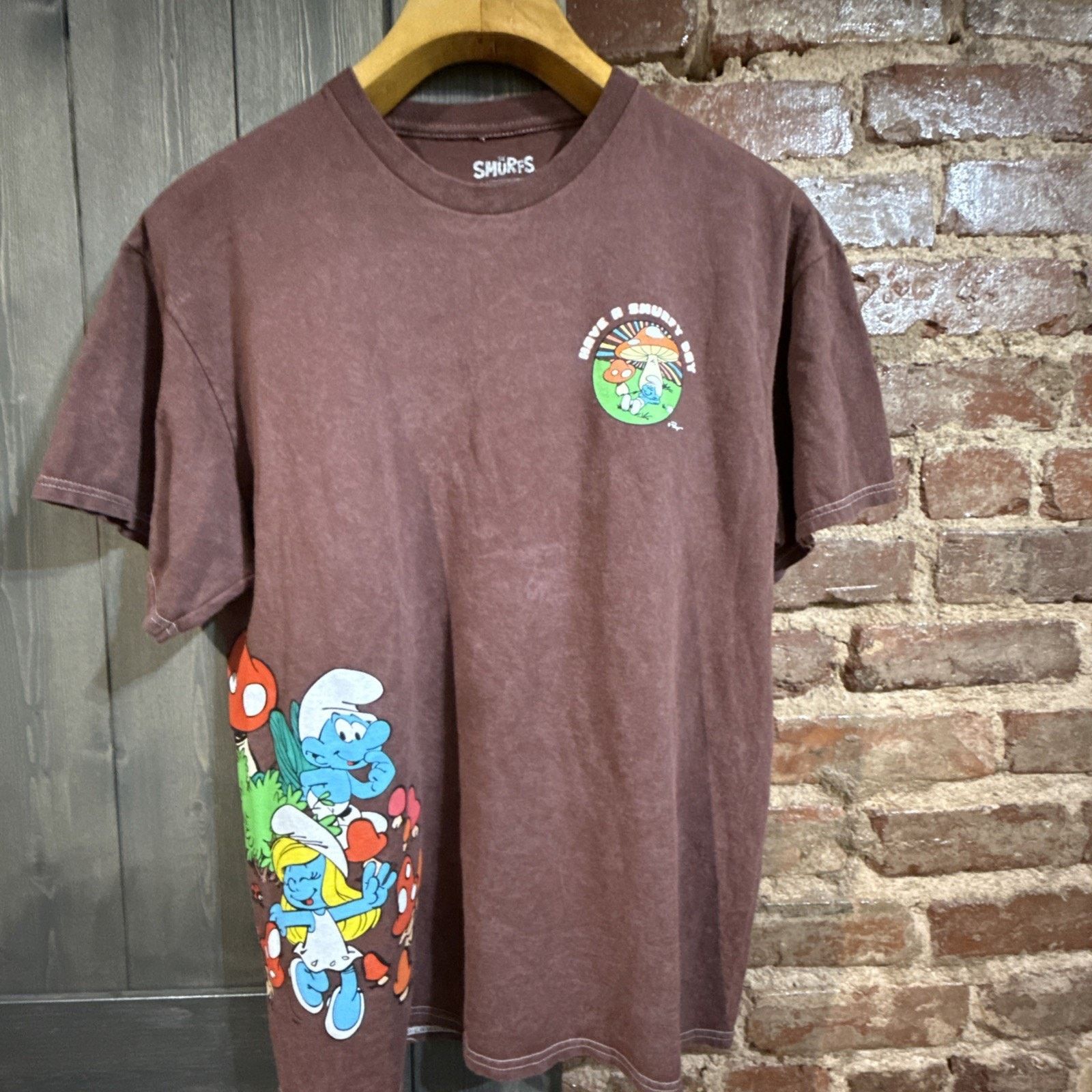 & Other Stories Peyo Have a Smurfy Day Cartoon Brown Tee Sz M Mushroom AOP Size US M / EU 48-50 / 2 - 1 Thumbnail