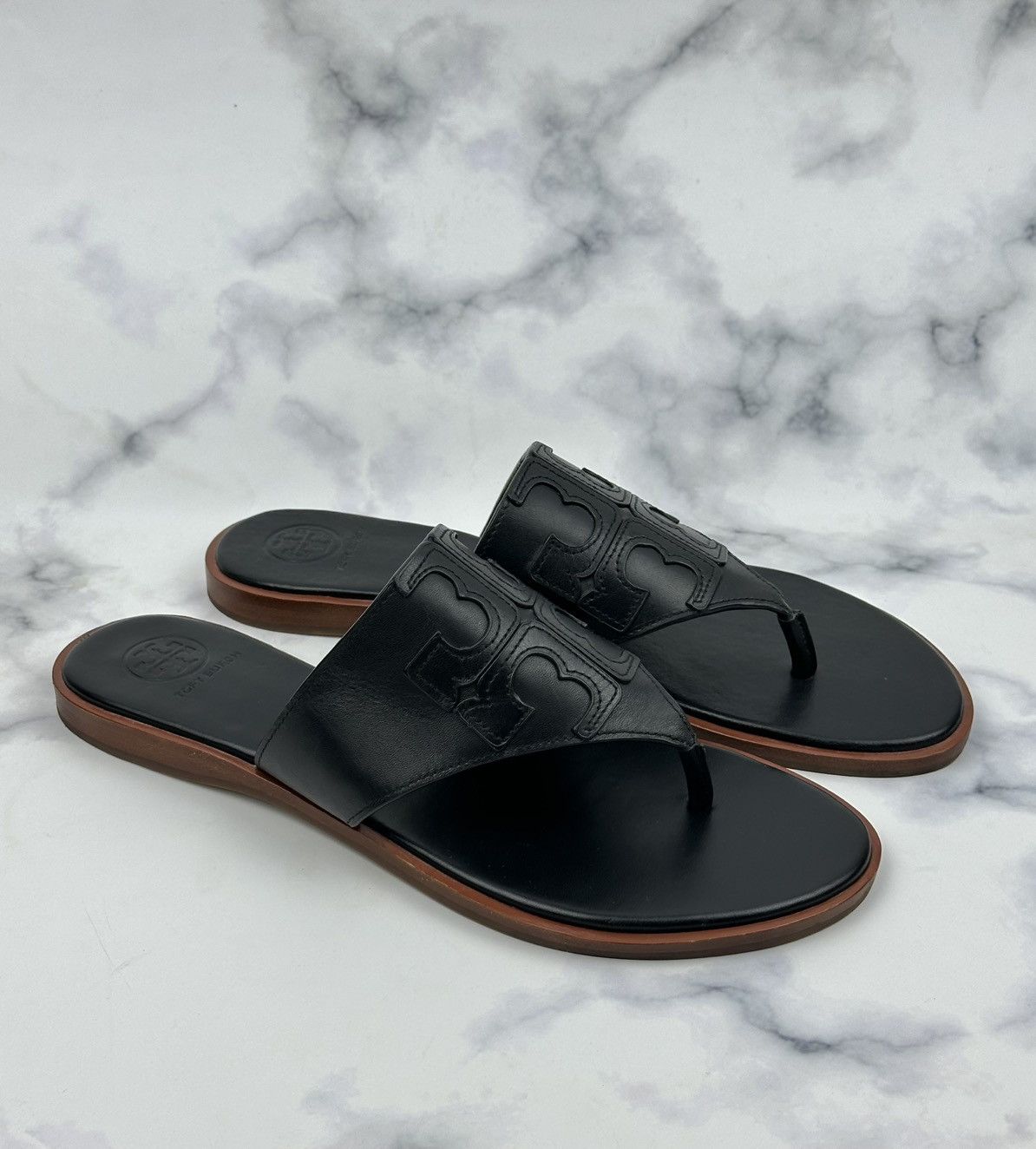 Tory Burch Tory Burch Jamie Black Leather Thong Sandals Logo Flip Flops Size US 7.5 / IT 37.5 - 1 Thumbnail