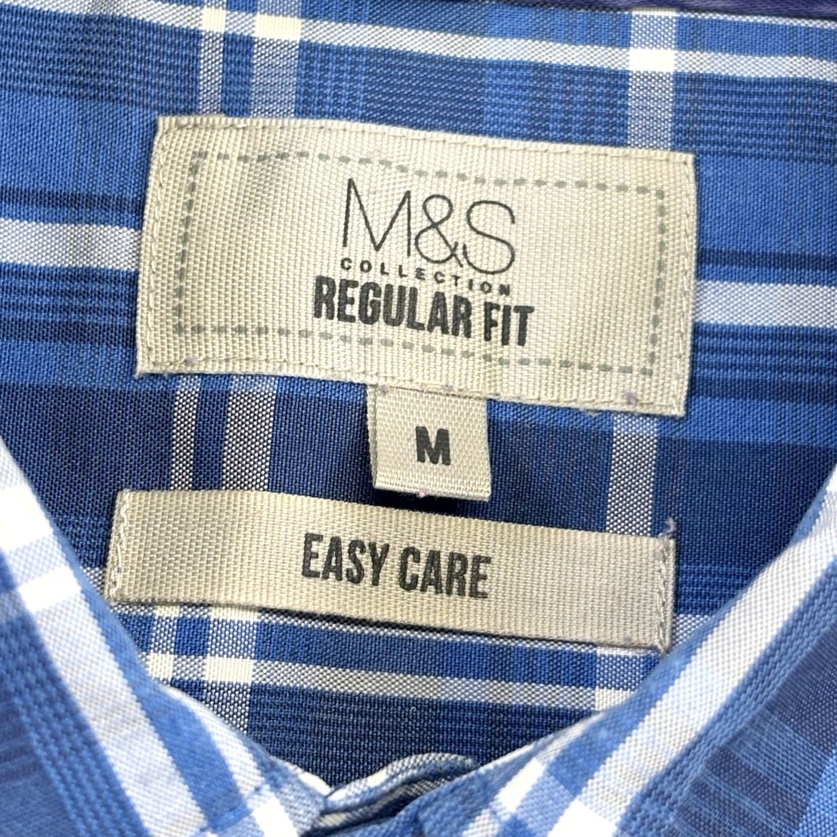 Marks & Spencer VINTAGE: No — M&S shirt blue check short sleeve, regular fit, easy care, polyester modal, button-up, Men, M Size US M / EU 48-50 / 2 - 4 Thumbnail