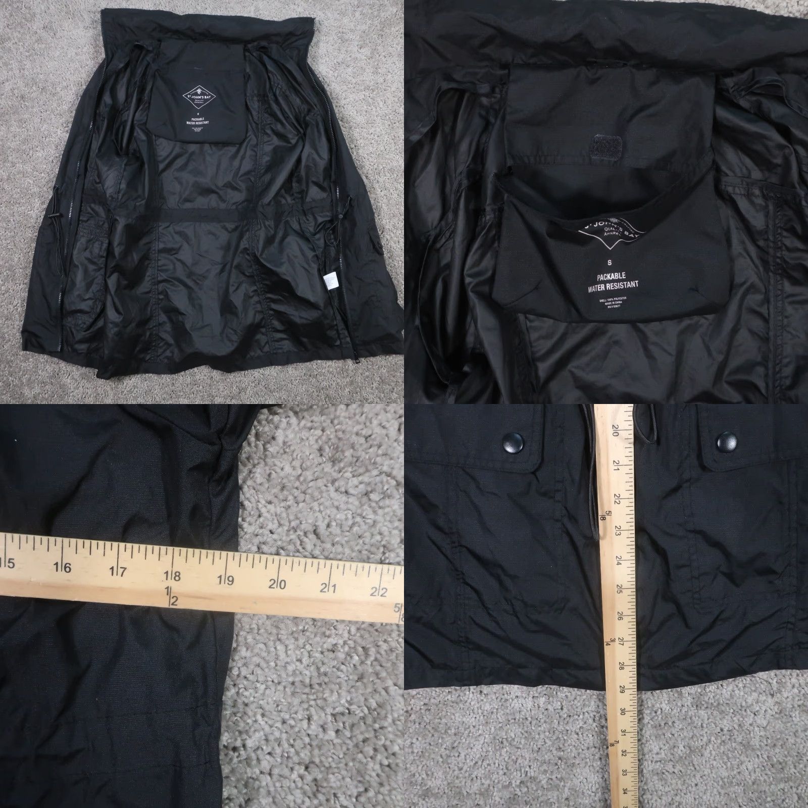 Vintage St Johns Bay Windbreaker Jacket Women S Packable Water Resistant Hood Coat Bag Black Solid Long Sleeve Mid-Length Size S / US 4 / IT 40 - 8 Thumbnail