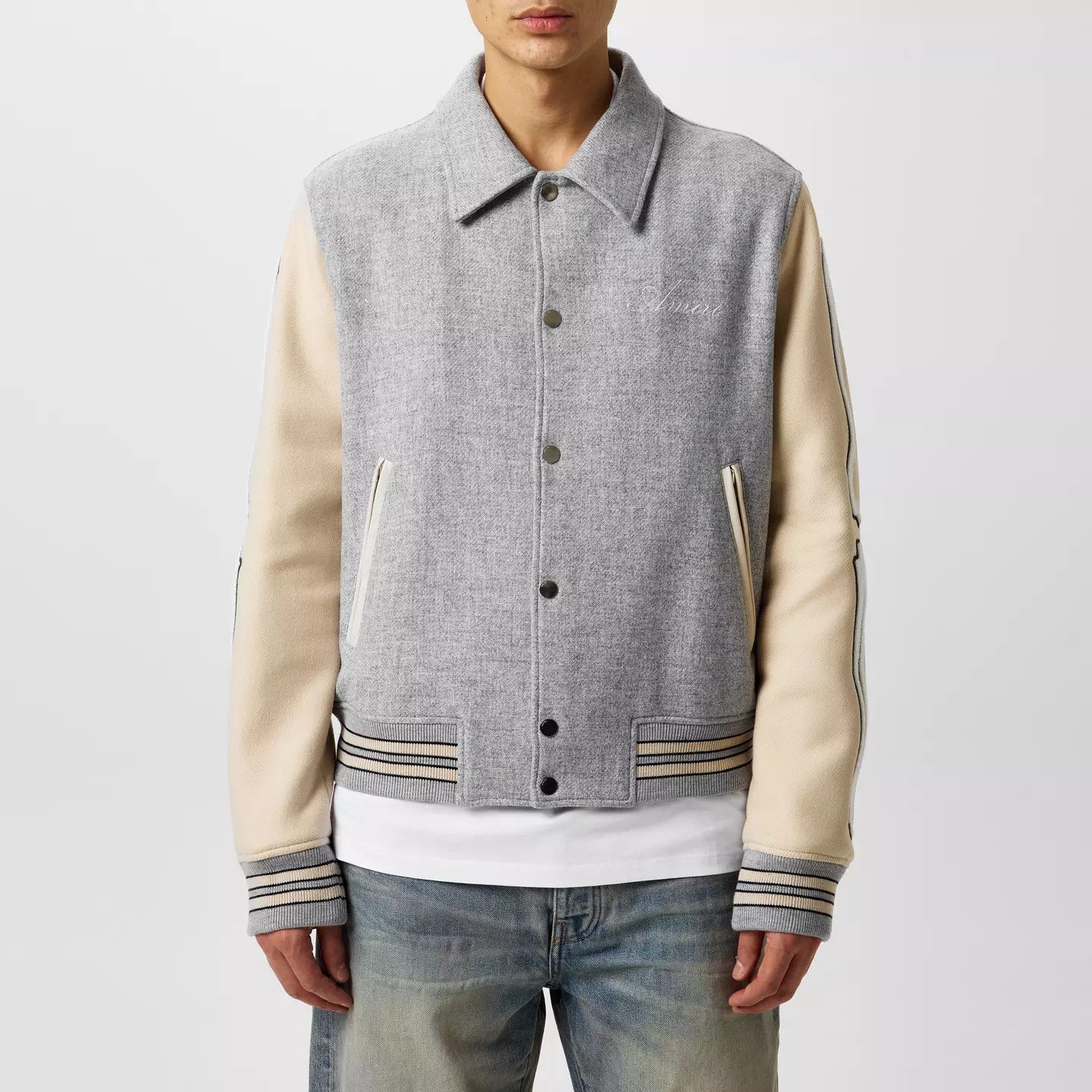 Amiri o1g2r1mq0426 Bones Wool Varsity Jacket in Grey/Ivory Size US L / EU 52-54 / 3 - 3 Thumbnail