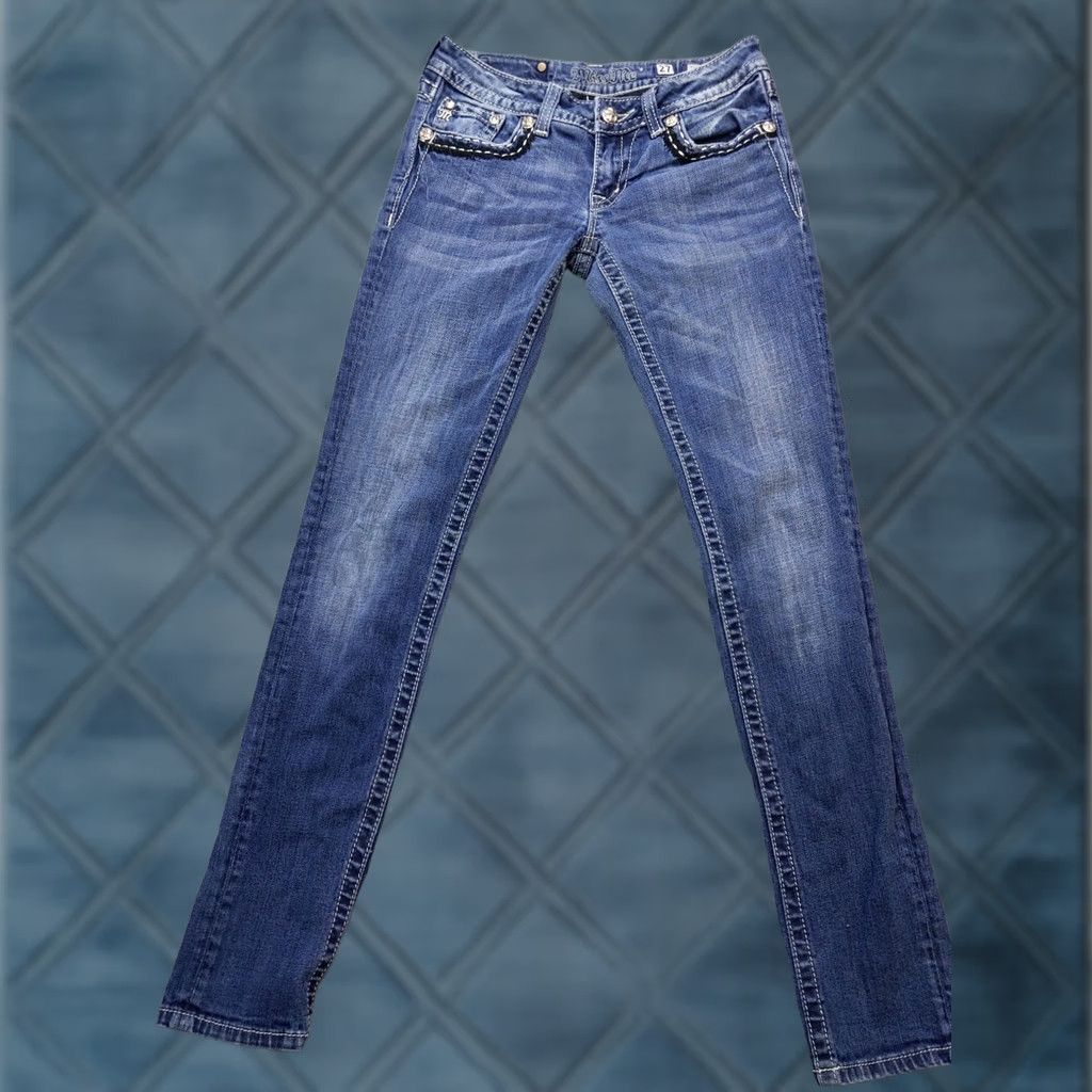 Miss Me Miss Me Jeans Womens 27x33 Blue Skinny Low Rise Distressed Rhinestone Embroidered Pocket Slim Stretch Denim Jeans Size 27" / US 4 / IT 40 - 1 Thumbnail