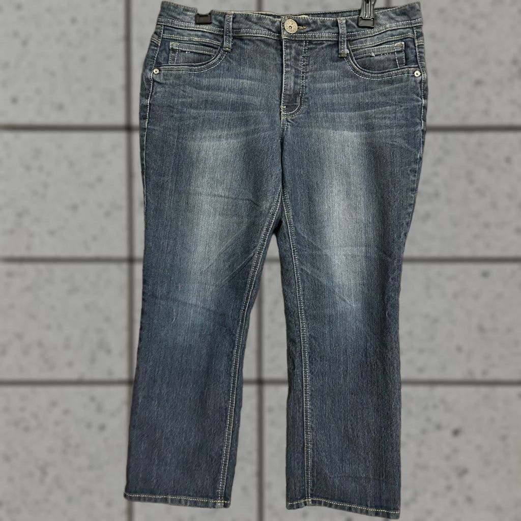 Vintage Democracy Jeans Women Size 12 Slim Straight Flood Embroidery Blue Denim Slimming Straight Women's Jeans Size 34" / US 12 / IT 48 - 1 Thumbnail