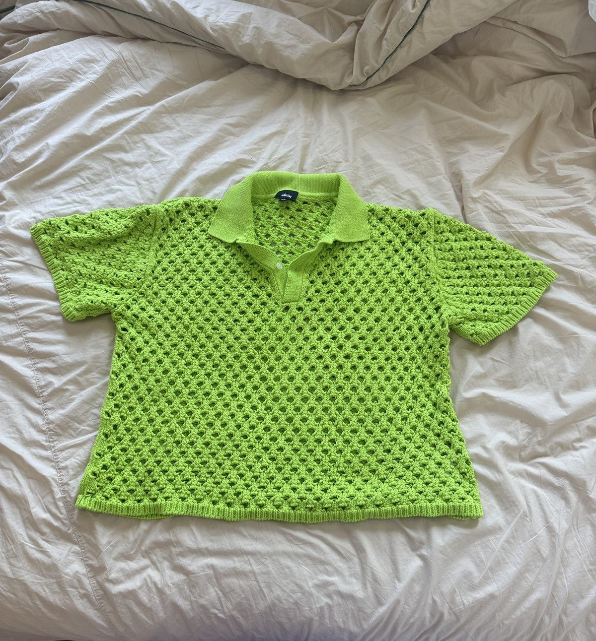 トップス stussy mesh poro Stussy Big Mesh Polo Sweater Lime | Depop