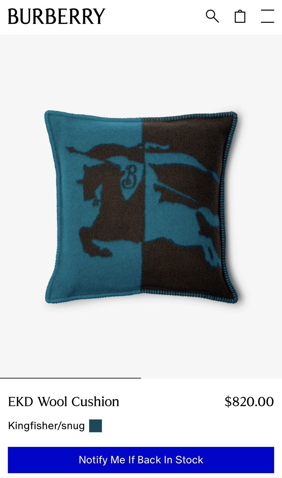 Burberry Burberry EKD Wool Cushion Kingfisher/snug Size ONE SIZE - 4 Thumbnail