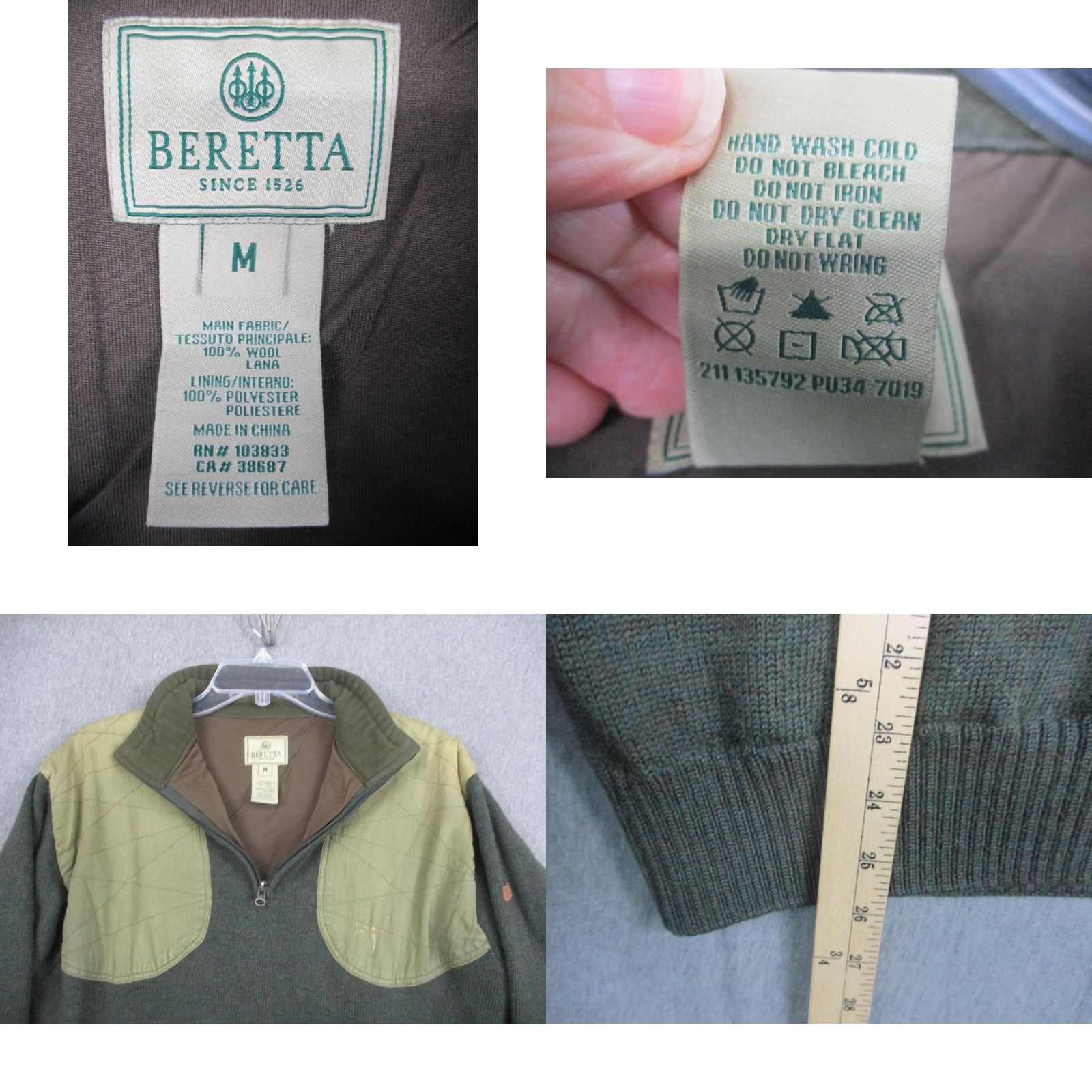 Vintage Beretta Mens Sweater Long Sleeve Green Wool Lined 1/4 Zip Mock Neck Shooting Patch Quilted Shoulders Padded" Size US M / EU 48-50 / 2 - 8 Thumbnail