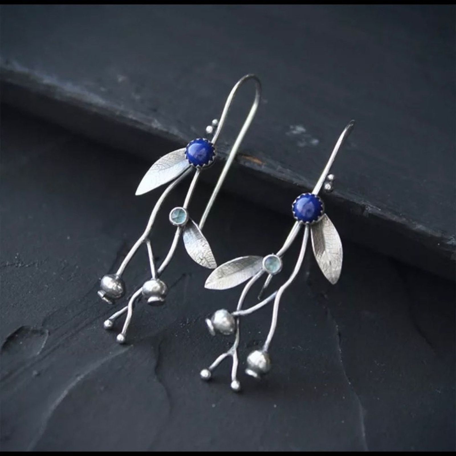 Other Retro Bohemian Flower Branch Inlaid Blue Stone Earrings Size ONE SIZE - 3 Thumbnail