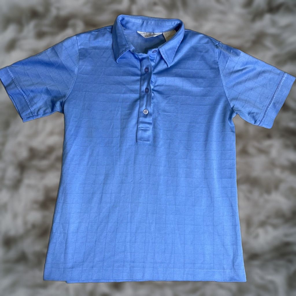 Vintage VINTAGE Difini Polo Mens 36 Small Light Blue Knit Polo 60s Mod Cotton Polyester Blend Check Short Sleeve Collared Shirts Mens (60s, 50s, Rockabilly) Size US S / EU 44-46 / 1 - 1 Thumbnail