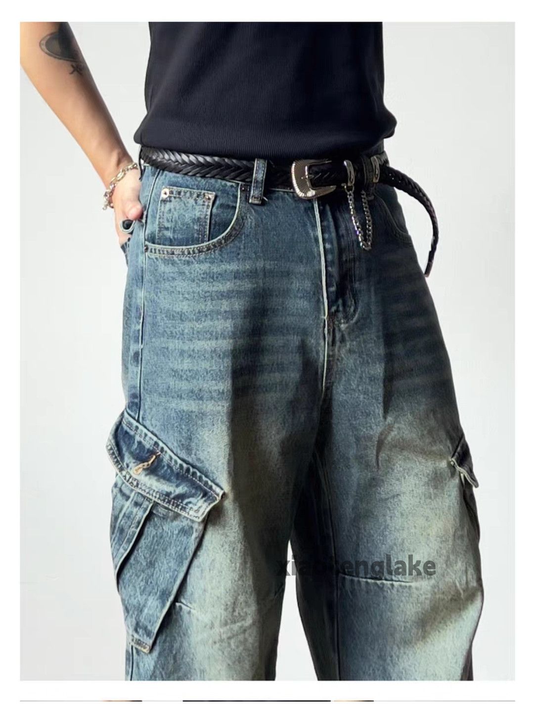 Japanese Brand xtl vintage wide Leg loose baggy flared cargo jeans Size US 33 - 2 Thumbnail