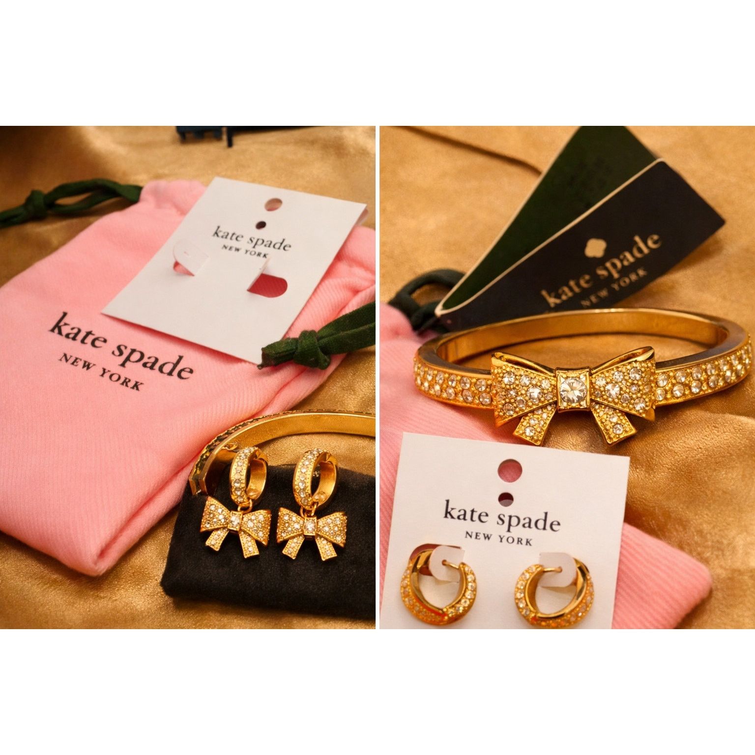 Kate Spade Kate Spade Bow Set Bracelet Huggie Earrings Gold Rhinestone Size ONE SIZE - 2 Thumbnail