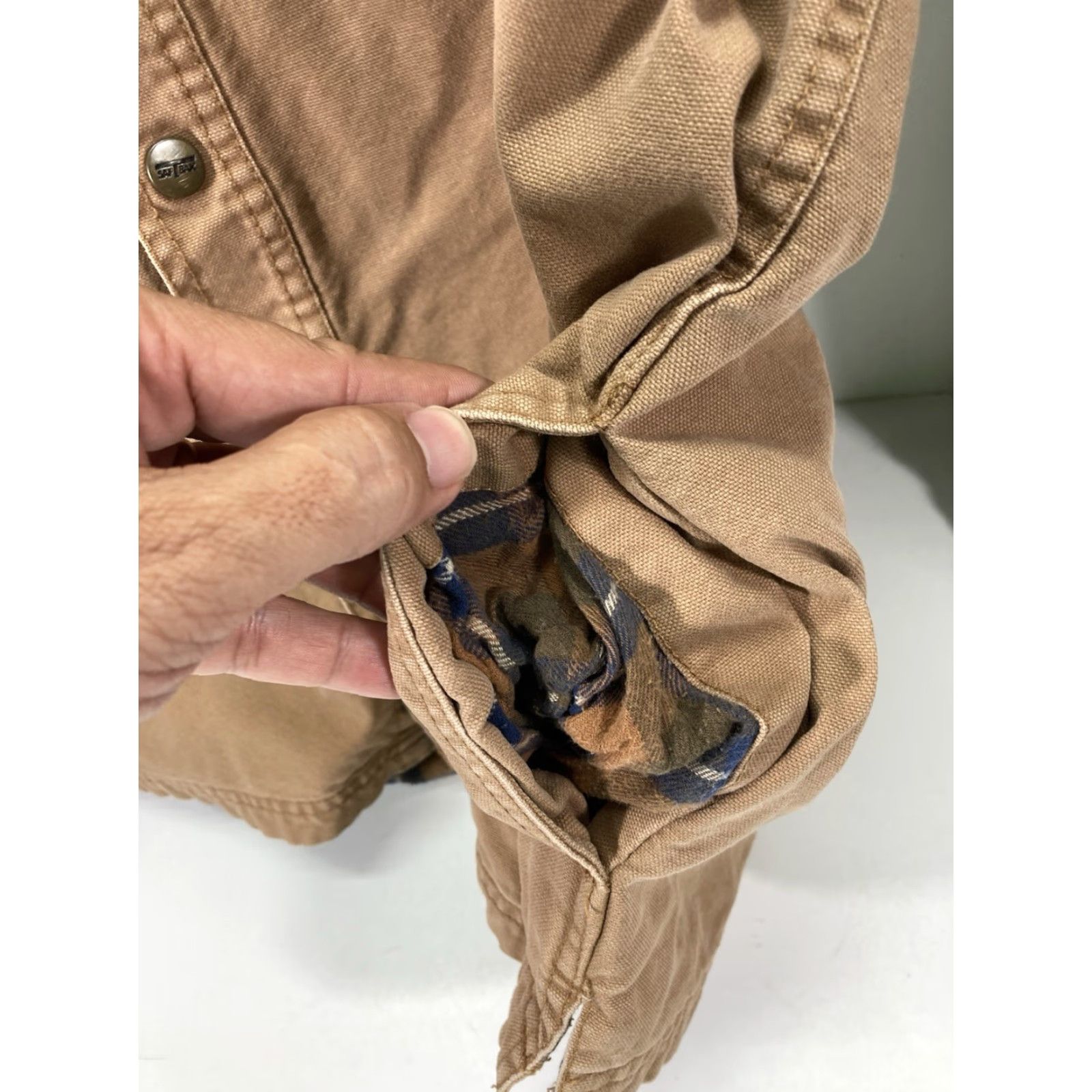 SafTbak Saftbak Shirt Jacket Shacket Men XL Khaki Duck Canvas Snap Flannel Lined Pockets Jacket Mens XL Brown Canvas Shacket with Pockets Size US XL / EU 56 / 4 - 7 Thumbnail