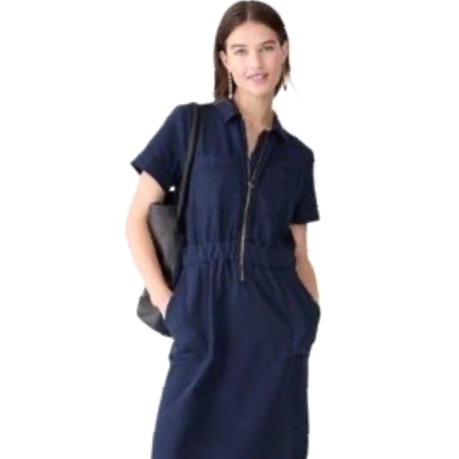 J.Crew J.CREW Dress Women Size 2 Navy Blue Zip-Front Chino Utility Pockets Short Sleeve Collared Elastic Waist Cotton Lyocell Womens Size XS / US 0-2 / IT 36-38 - 2 Thumbnail