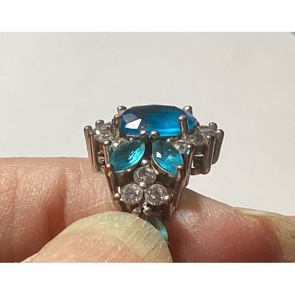 Other Sterling Silver Ring W/ Simulated Aquamarine & Crystal Gemst Size ONE SIZE - 2 Thumbnail