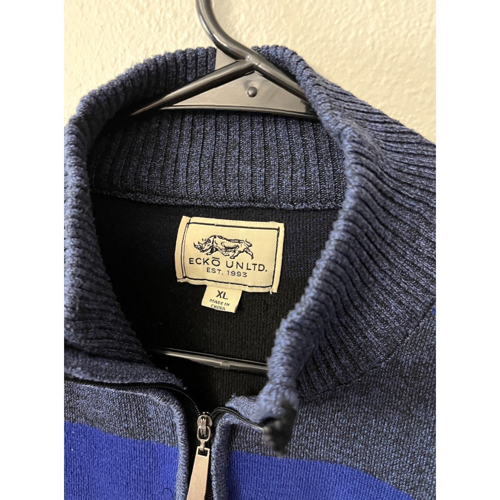 Ecko Unltd. Ecko Unltd. Zip Up Pullover Sweater Size XL Blue Striped Men Size US XL / EU 56 / 4 - 3 Thumbnail