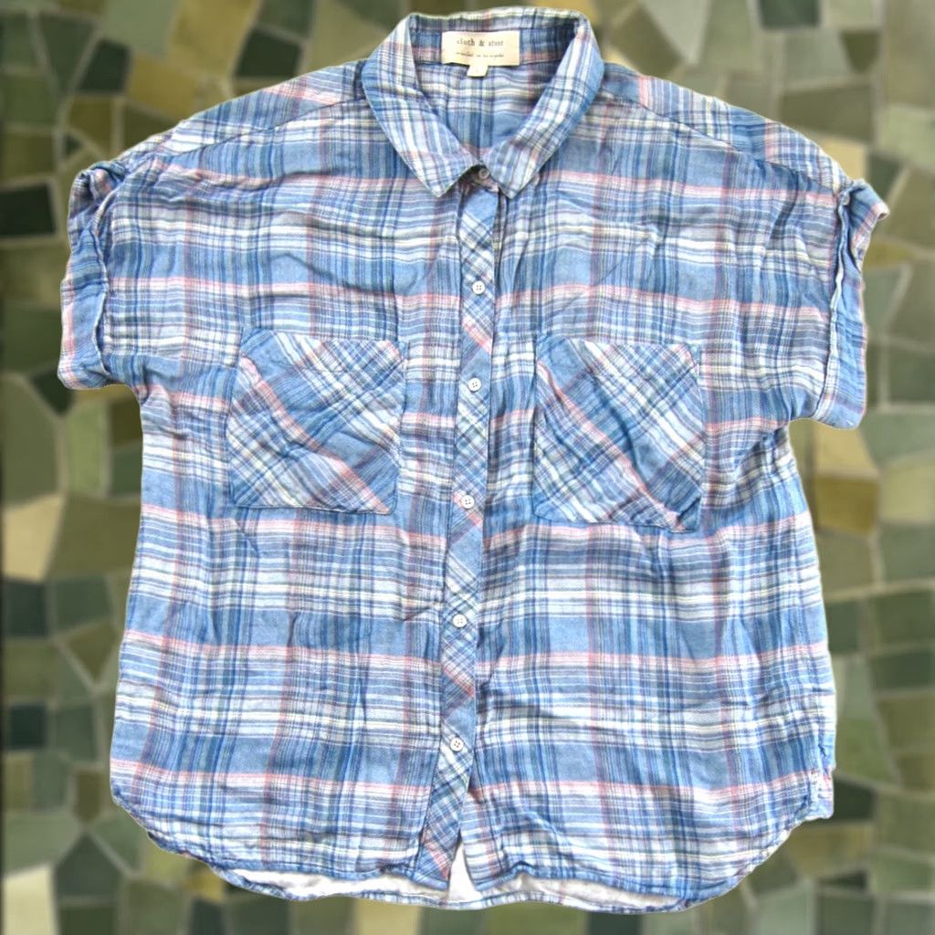 CLOT Cloth & Stone Blue Plaid Rayon Short Sleeve Collared Blouse Large Size L / US 10 / IT 46 - 1 Thumbnail