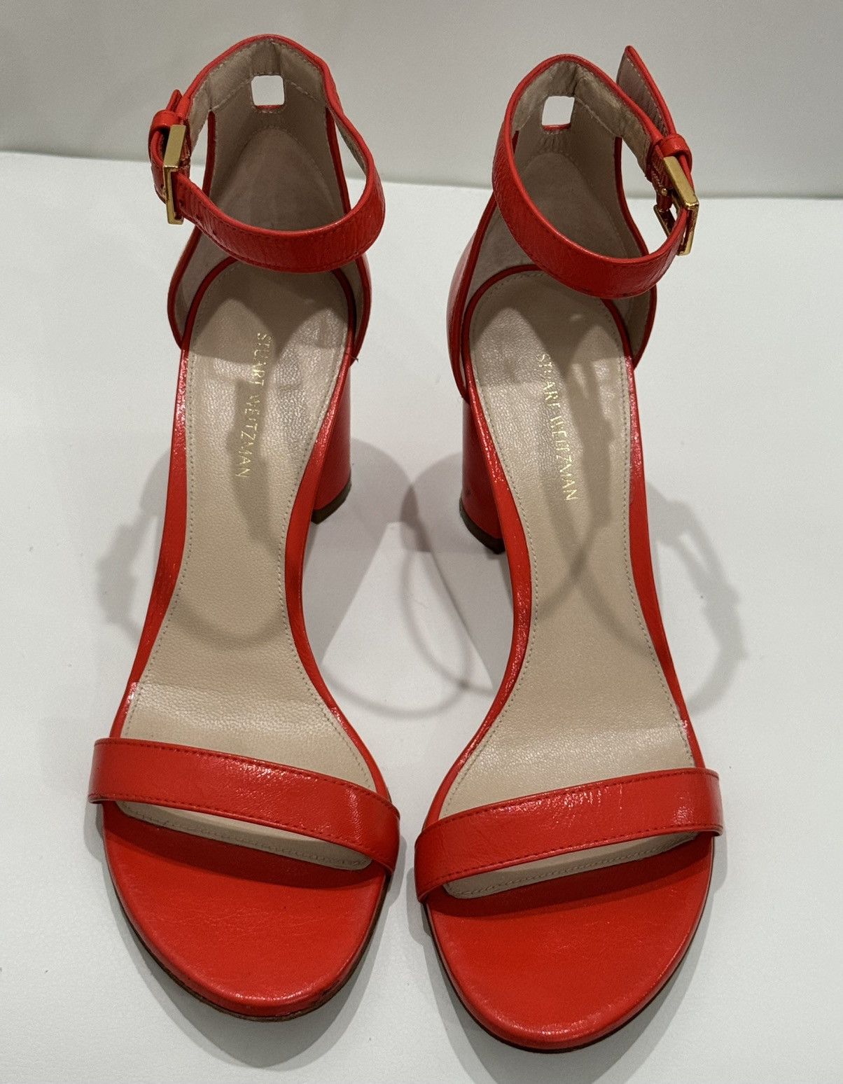 Stuart Weitzman Stuart Weitzman Red Leather Strappy Block Sandals Buckle Size US 7.5 / IT 37.5 - 2 Thumbnail